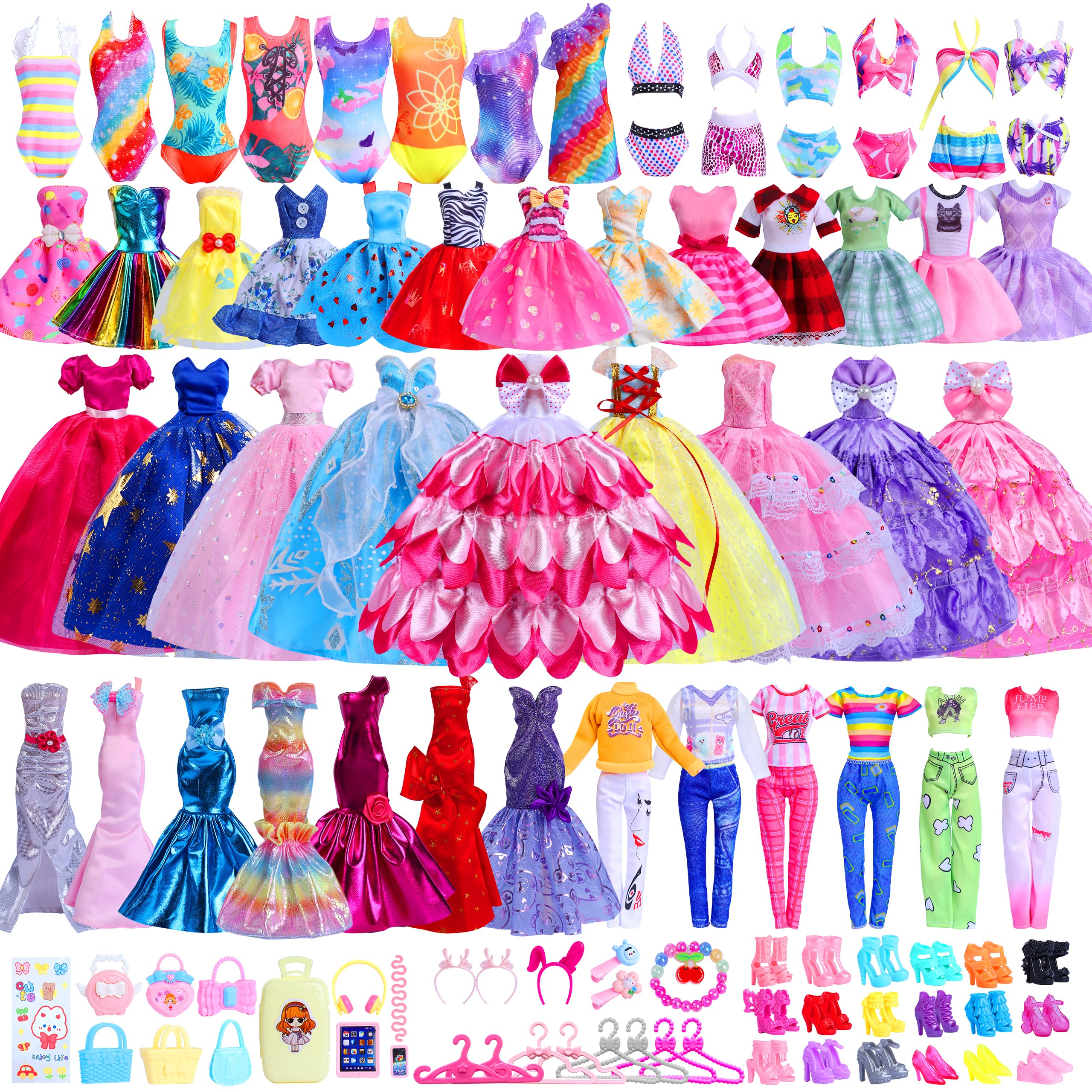 110PCS Doll Clothes and Accessories for 11.5 inch Dolls -Princess Gowns, Fashion Dresses, Slip Dresses, Top, Pants, Jumpsuit, Swimsuits, Shoes, Hangers, Doll Dress up Toys for Girls Kids Birthday Gift