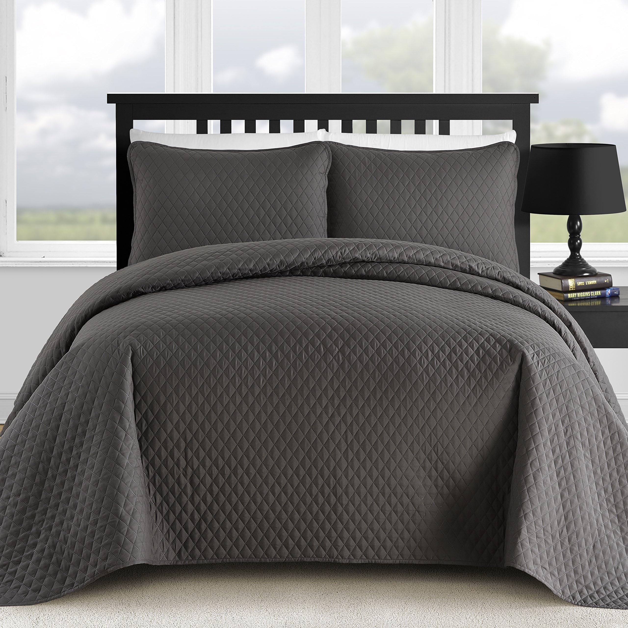 Comfy Bedding 3-Piece Bedspread Coverlet Set Extra Lightweight and Oversized Diamond Embossed, Full/Queen, Charcoal