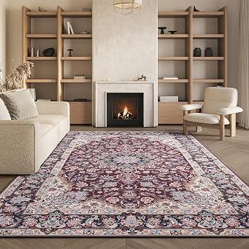 SAFAVIEH Washable Rug Tucson Collection - 9 x 12, Red & Navy, Slip Resistant & Easy to Clean, Ideal for Living Room, Bedroom, Dining Space TSN135Q