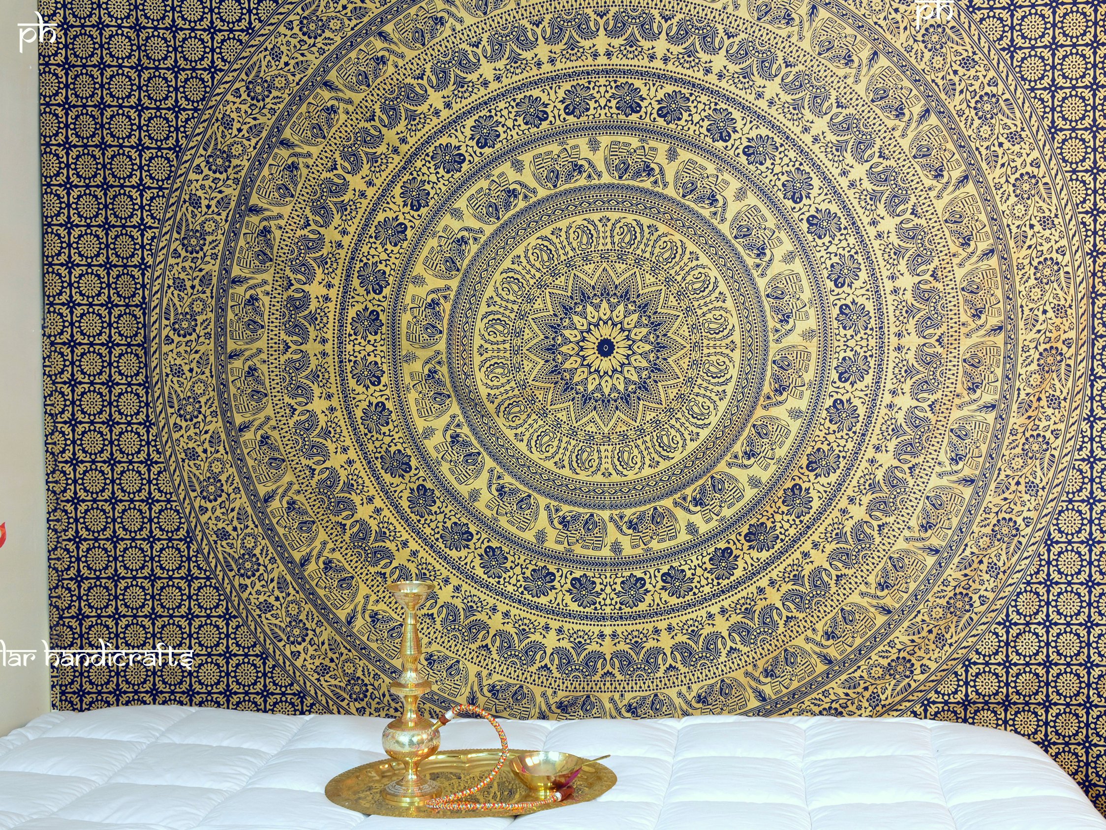 Popular Handicrafts New Releases Kp774 Elephant Tapestry Wall Hanging Hippie Bohemian Mandala Wall Art With Metallic Shine tapestries (215x230cms) Gold on Blue dye