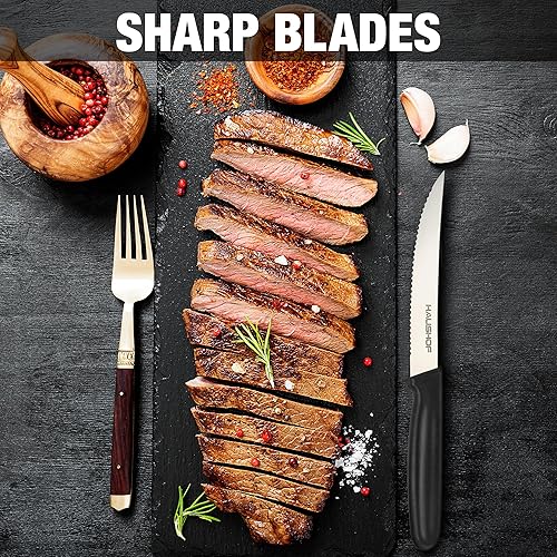 Miniatura 4 de HAUSHOF Juego de 4 cuchillos para carne, acero inoxidable de alta calidad con mango ergonómico, juego de cuchillos de regalo para mamá, papá, esposa