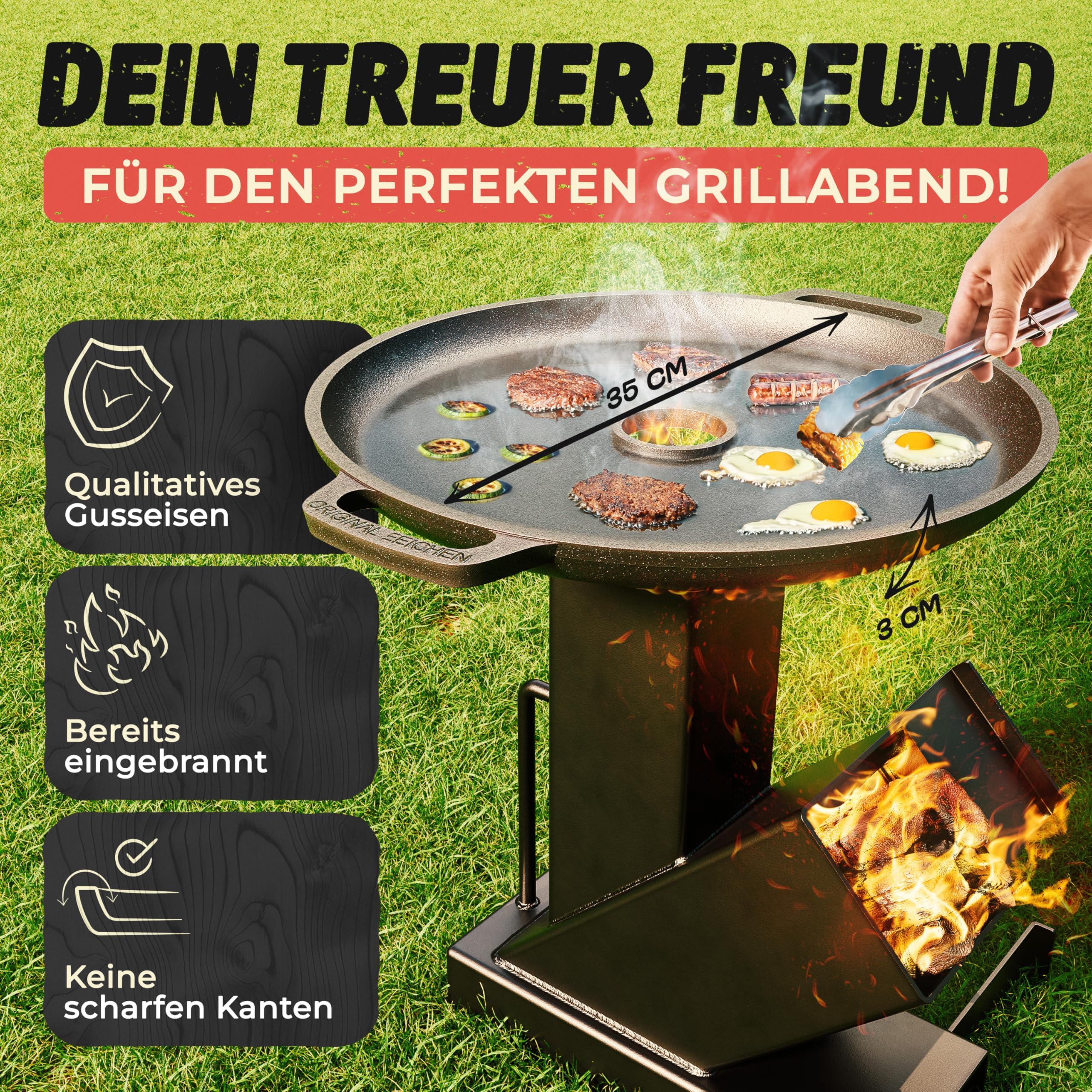 Feuerplatte aus Gusseisen mit Tropfschutz. Ø35cm. Grillplatte Plancha ideal für Raketenofen u.v.m. Outdoor BBQ-Platte mit Tragegriff. Grill Zubehör. Gusseisenpfanne. Stärke 5mm Loch Ø4cm Drei Eichen