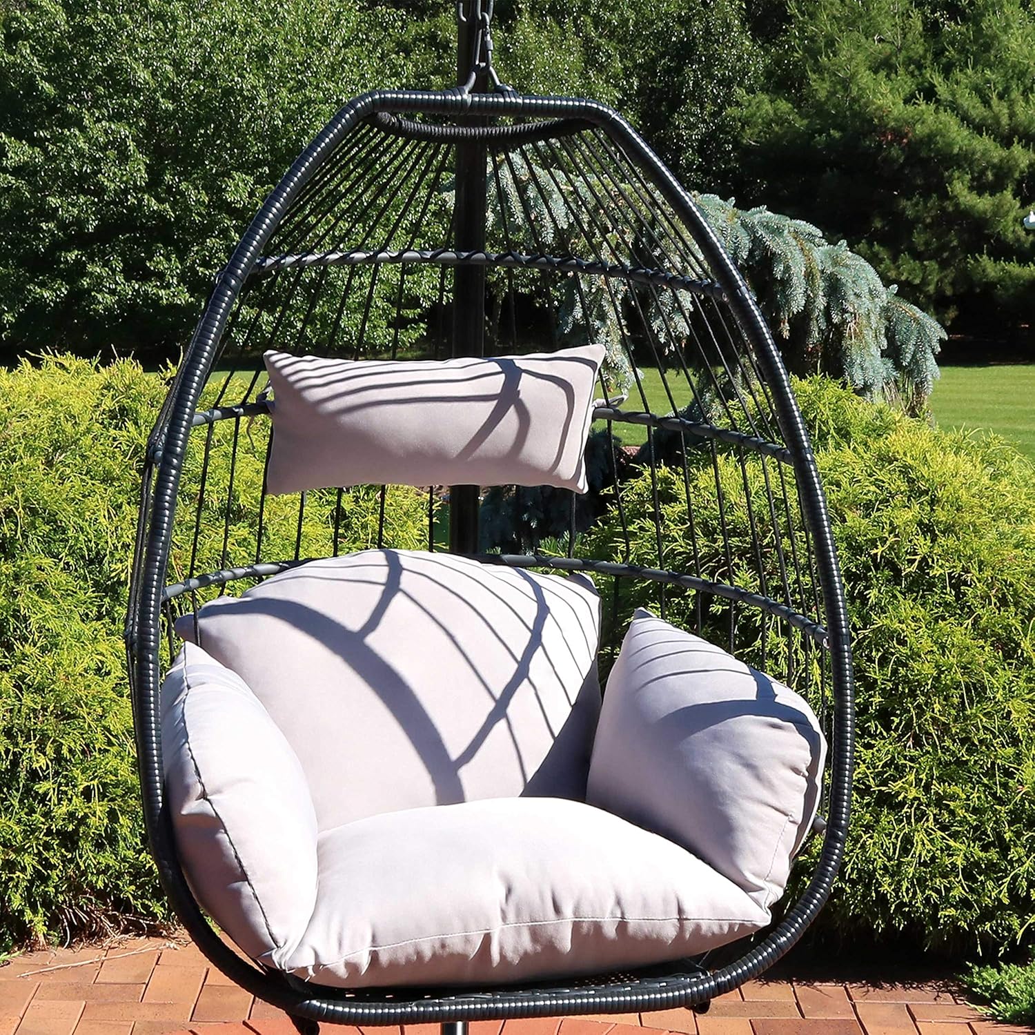 Sunnydaze Oliver Hanging Egg Chair with Seat Cushions - Black Resin Wicker Frame with Gray Polyester Cushions - 48-Inch