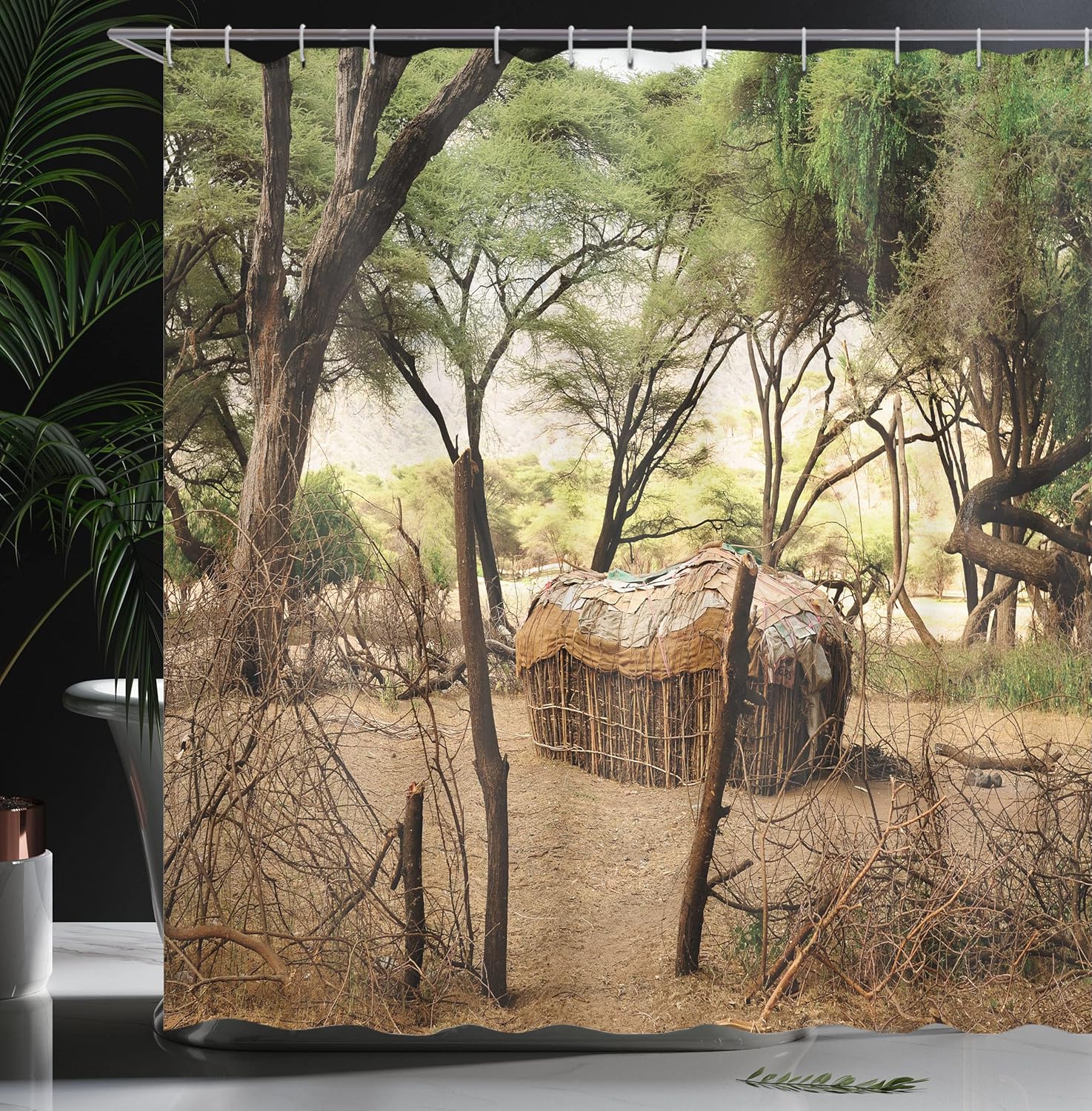 Ambesonne Ethnic Shower Curtain, Retro House in Trees Adventure Tanzanian Journey Outdoor Savannas, Cloth Fabric Bathroom Decor Set with Hooks, 69" W x 84" L, Green Tan