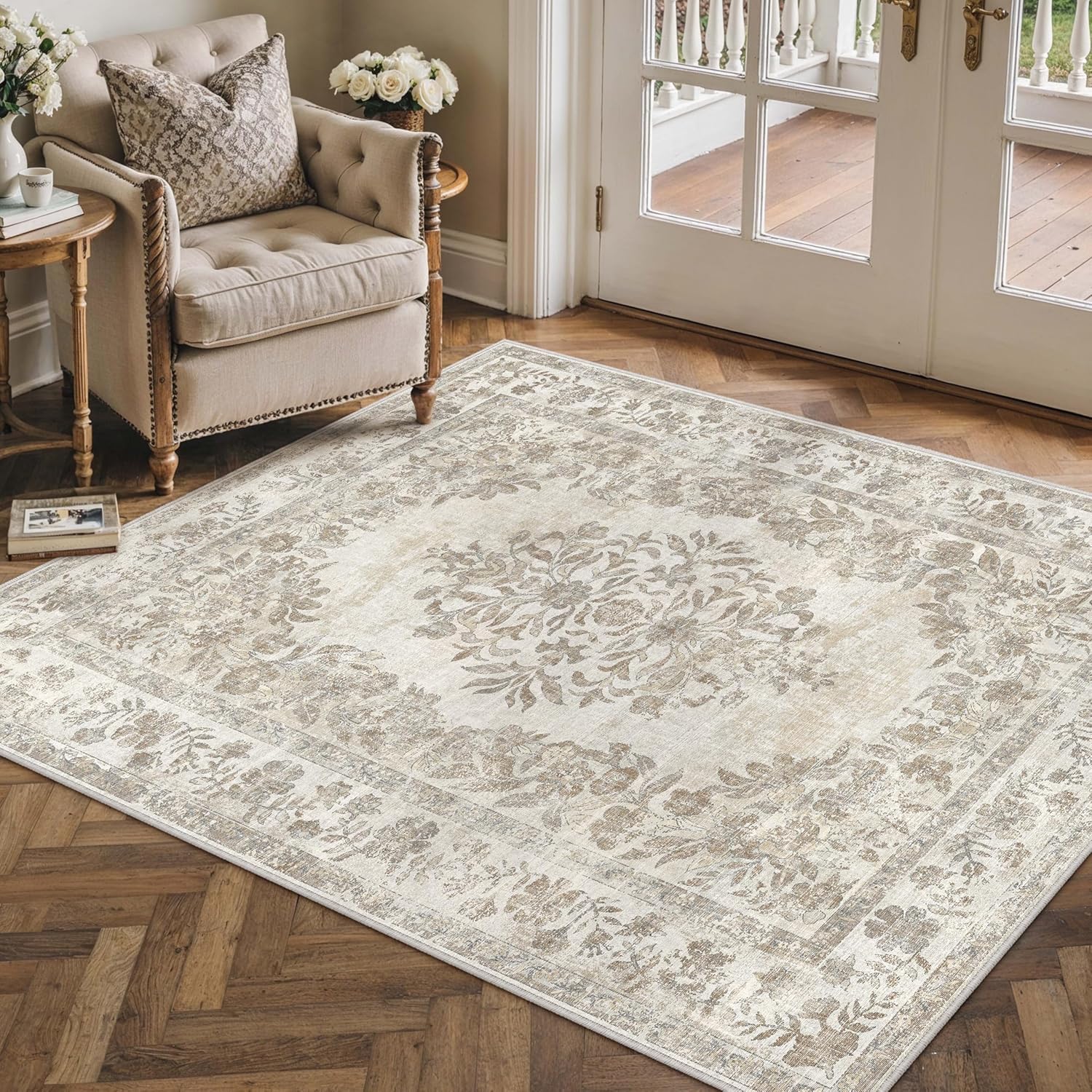 3x5 Area Rug Beige Washable Office Vintage Distressed Carpet Bedroom Indoor Medallion Floral Living Room Non Slip Retro Throw Floor Mat for Dining Room Kitchen Bathroom - Image 3