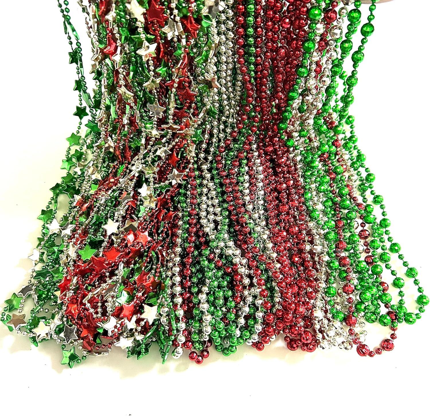72 Pcs Christmas Red Green Silver Beads Necklaces Bulk Christmas Tree Party Beads Necklaces Gift Decorations
