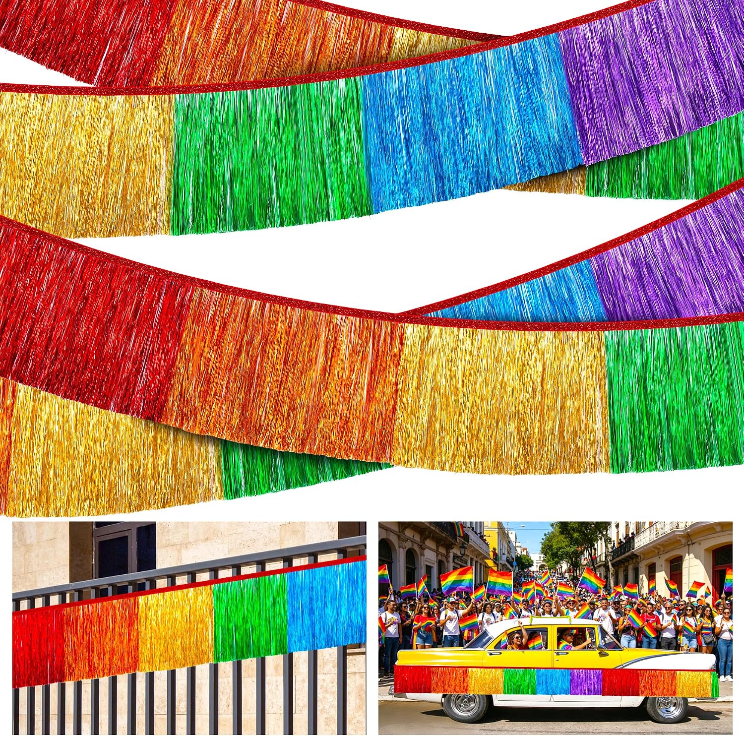 Watayo 4 Pcs Rainbow Foil Fringe Garland,29Ft Rainbow Tinsel Metallic Glitter Banner, LGBT Hanging Table Skirts for Unicorn Birthday Wedding Pride Month Parade Float Party Decor