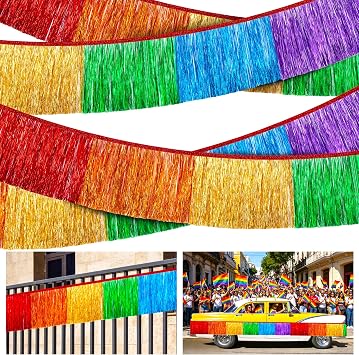 Watayo 4 Pcs Rainbow Foil Fringe Garland,29Ft Rainbow Tinsel Metallic Glitter Banner, LGBT Hanging Table Skirts for Unicorn Birthday Wedding Pride Month Parade Float Party Decor