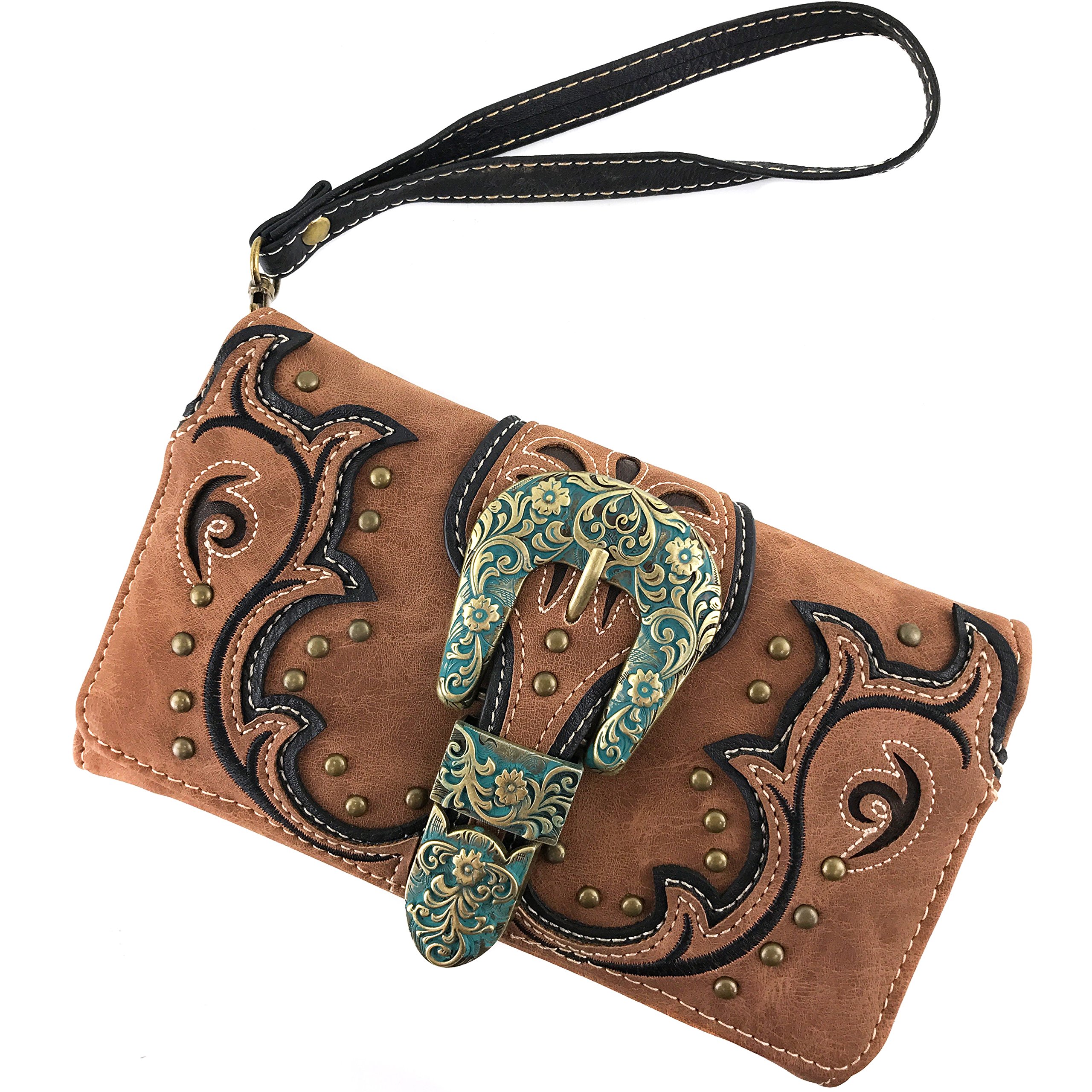 Justin West Patina Girl Western Bronze Floral Buckle Handbag Purse Tote and Strap Wallet (Brown Wallet Only)