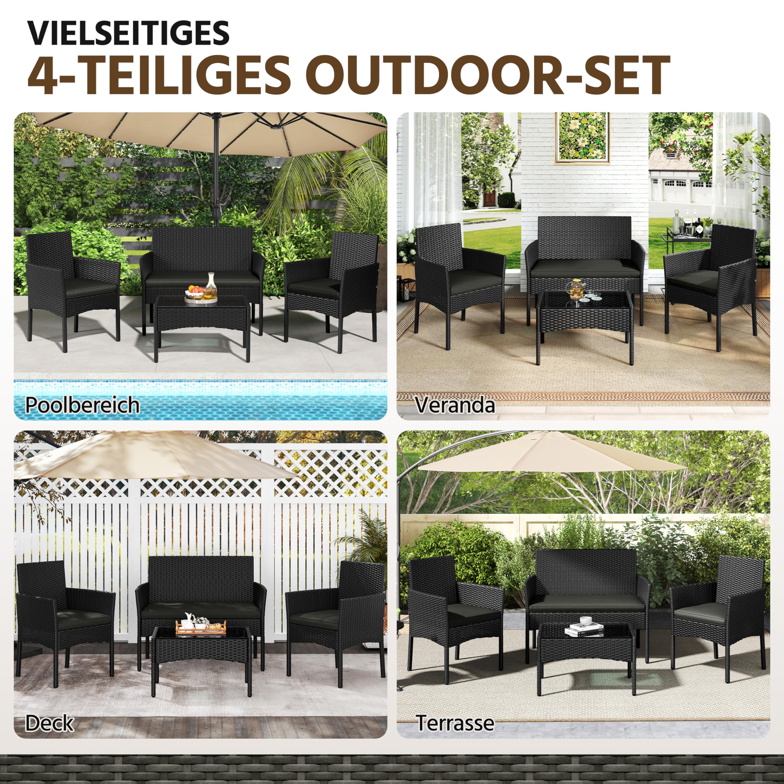 Yaheetech 4-er Gartenmöbel Set Balkonmöbel Set aus Polyrattan Terassenmöbel Außen mit 2er Sofa, 2 Stühle, Tisch & Sitzkissen für Terrasse/Balkon/Garten, Schwarz & Grau