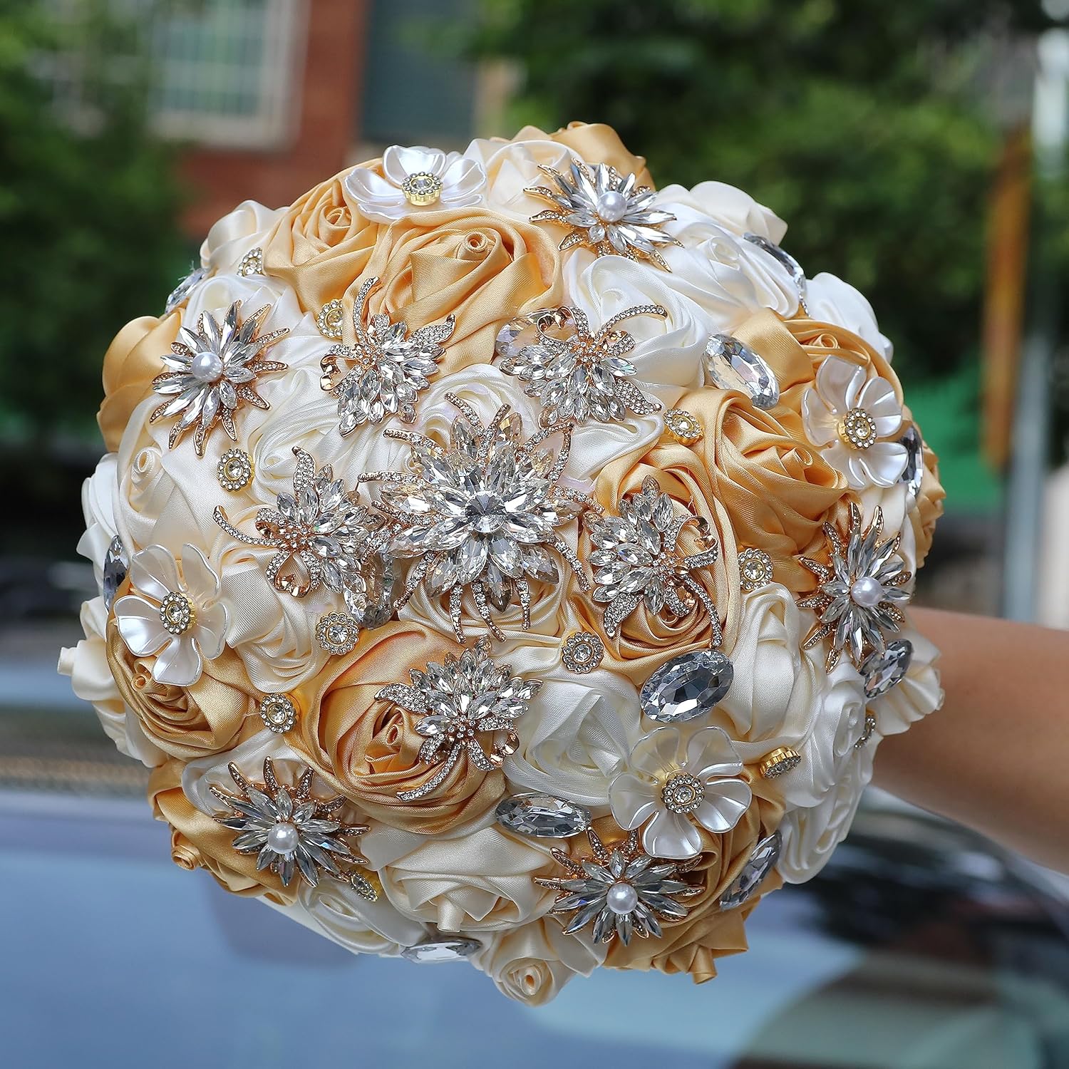 Handmade Wedding Bouquets for Bride Bridesmaid Brooch Artificial Holding Flower Tossing Bouquet(Khaki/Ivory/Apricot, 16cm, 1PC)