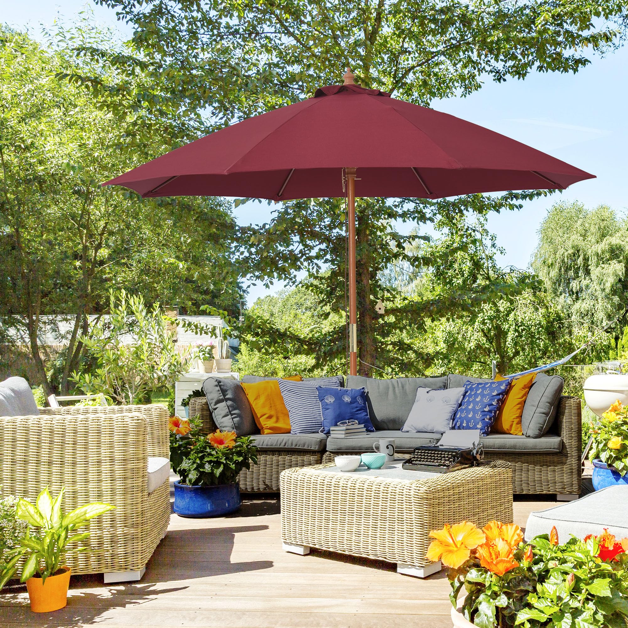 Parasol Droit Outsunny Hexagonal 2,5m - Double Toit, Bambou Crème - Pour Jardin Et Terrasse