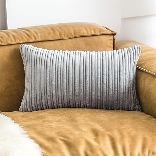 UGASA Velvet Pillow Covers Striped, Decorative Throw Cushion Case with Hidden Zipper for Home Couch/Bedroom, Soft Cozy Solid Oblong, 1 Piece (12"x20", Light Grey)