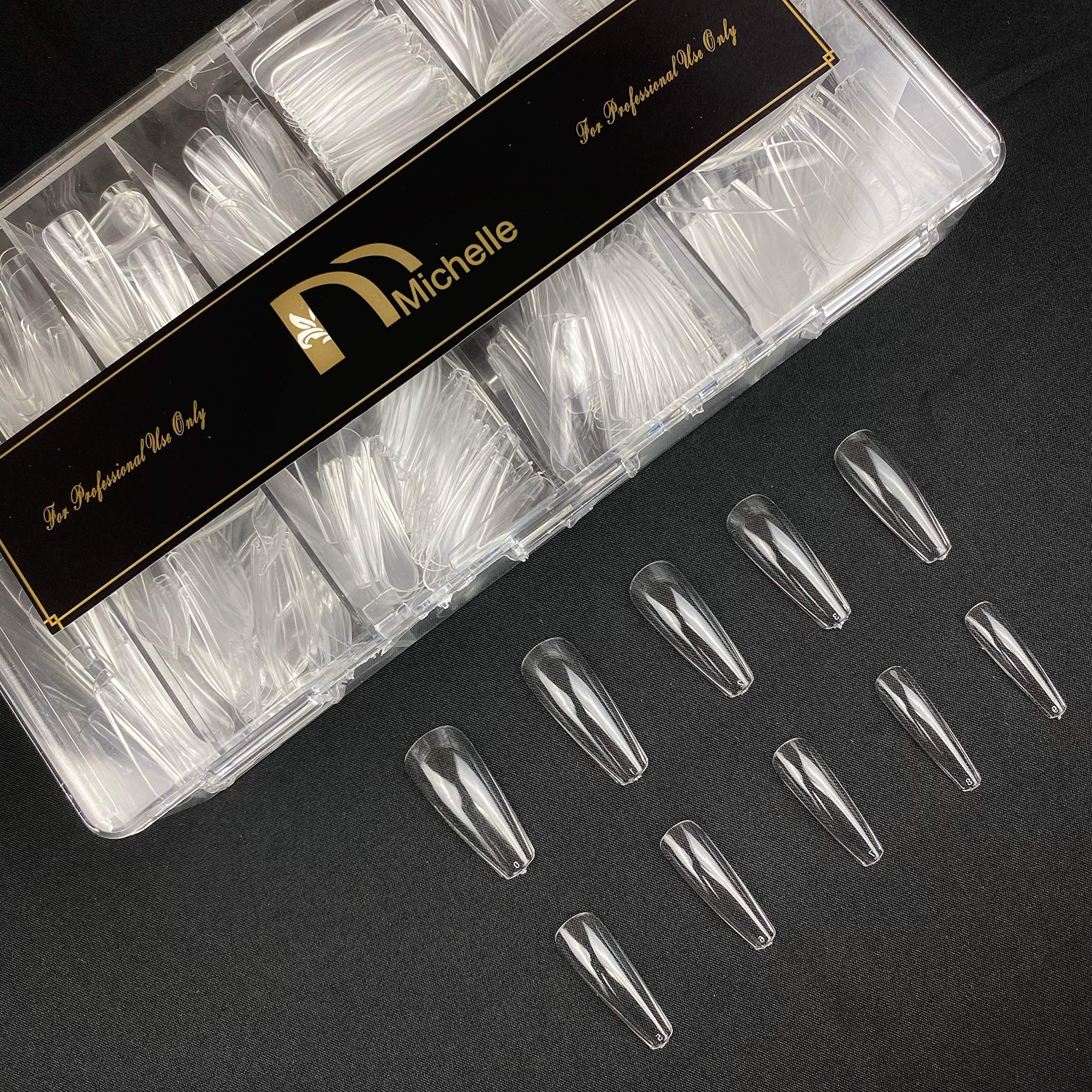 Michelle 500Pcs Coffin Gel Nails Tips Ballerina Long Nails Full cover 10 Sizes with Box (Ultra Clear)