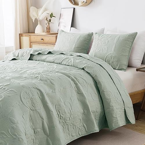 Miniatura 4 de Juego de ropa de cama de damasco tamaño individual con funda de almohada, colcha bohemia suave y ligera, manta acolchada verde salvia, funda de cama