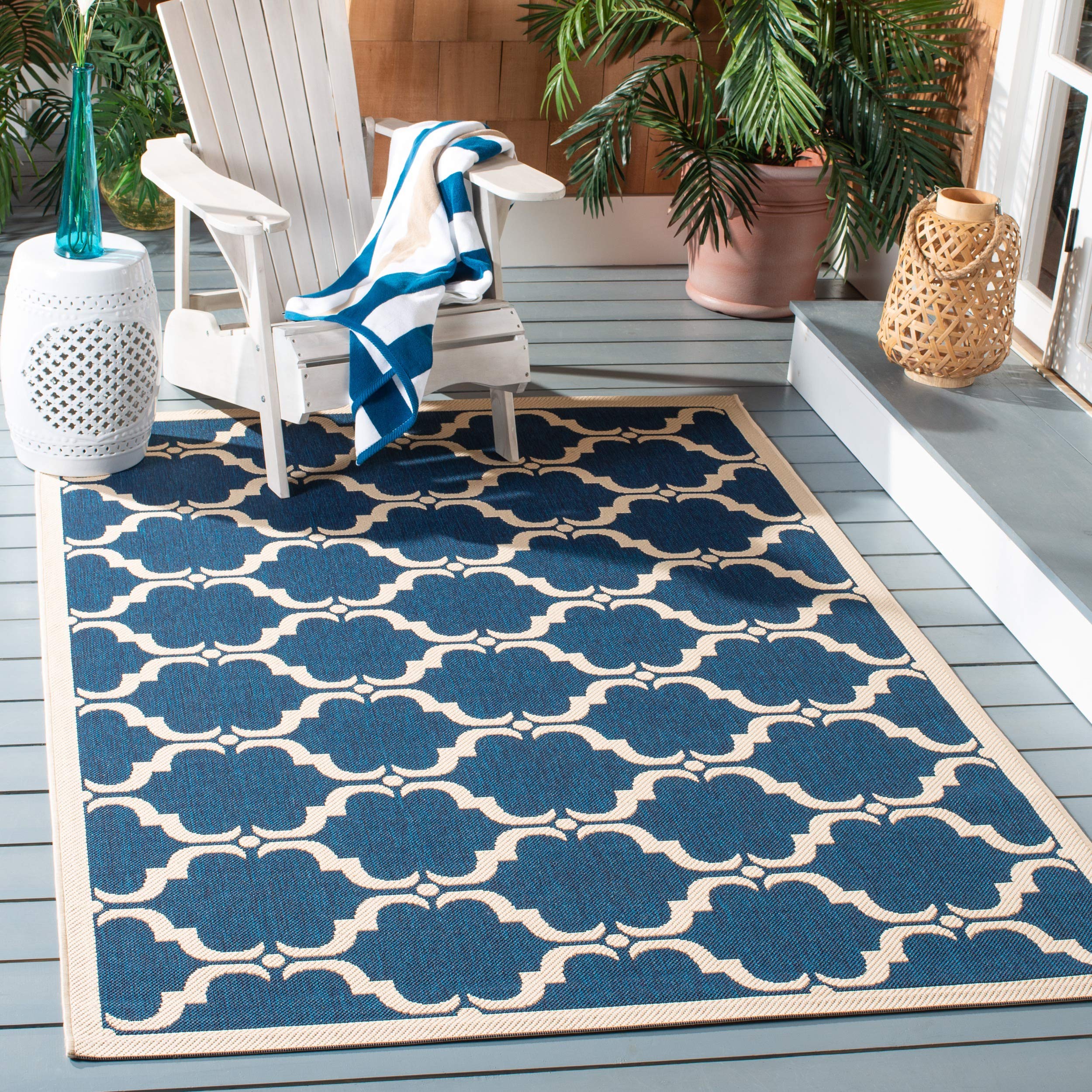 SAFAVIEH Washable Rug Outdoor Courtyard Collection - 5'3" Square, Navy & Beige, Non-Shedding & Easy Cleaning, Ideal for Patio, Backyard, Mudroom (