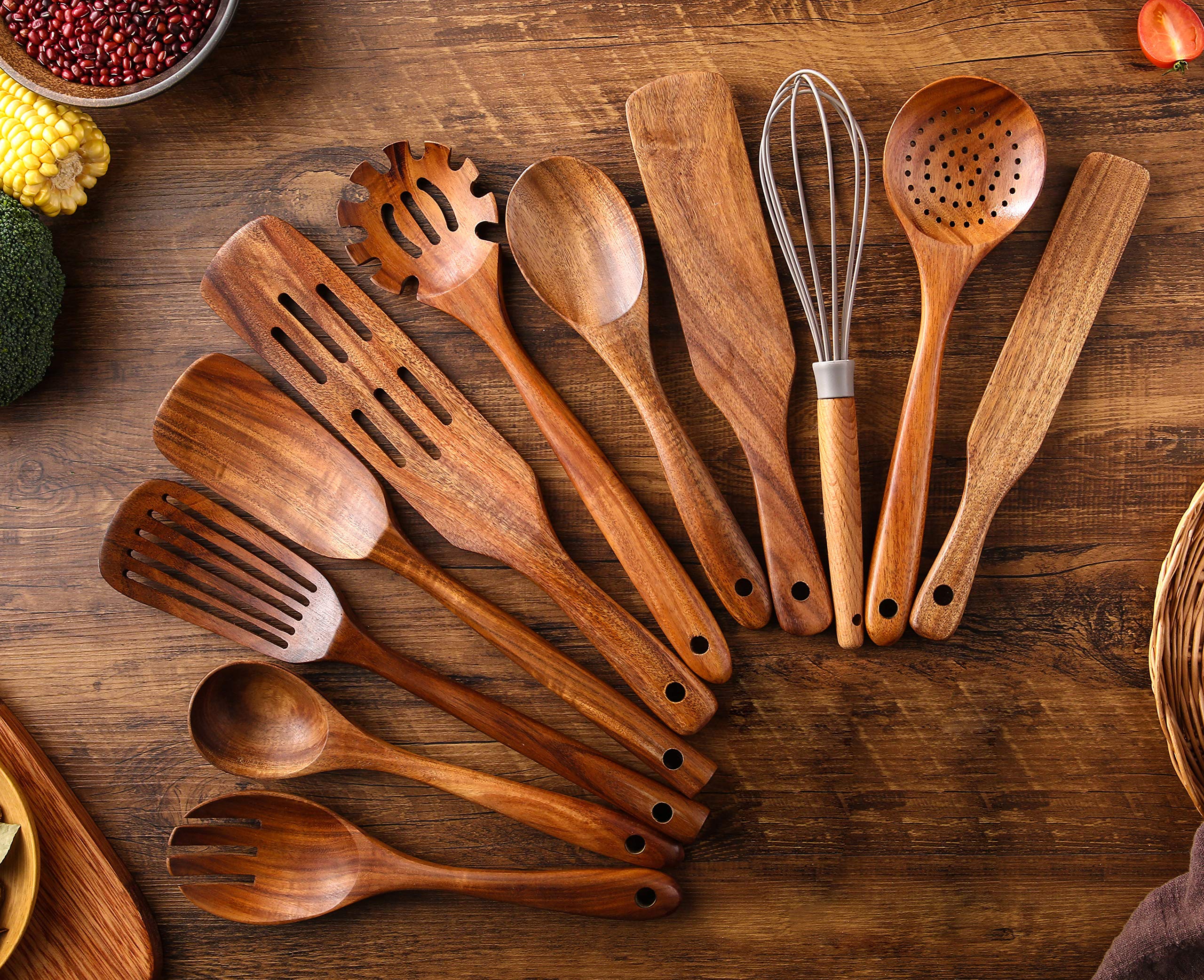 Ensemble d'ustensiles de cuisine 11 pièces en bois de teck avec cuillères, spatules et spurtles antiadhésifs