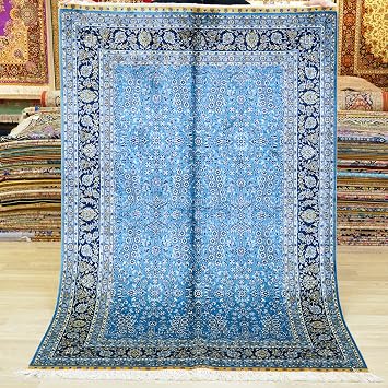Oriental Silk Rug 4x6 Navy Hand Knotted Traditional Geometric Vintage Luxury Silk Area Rug for Living Room
