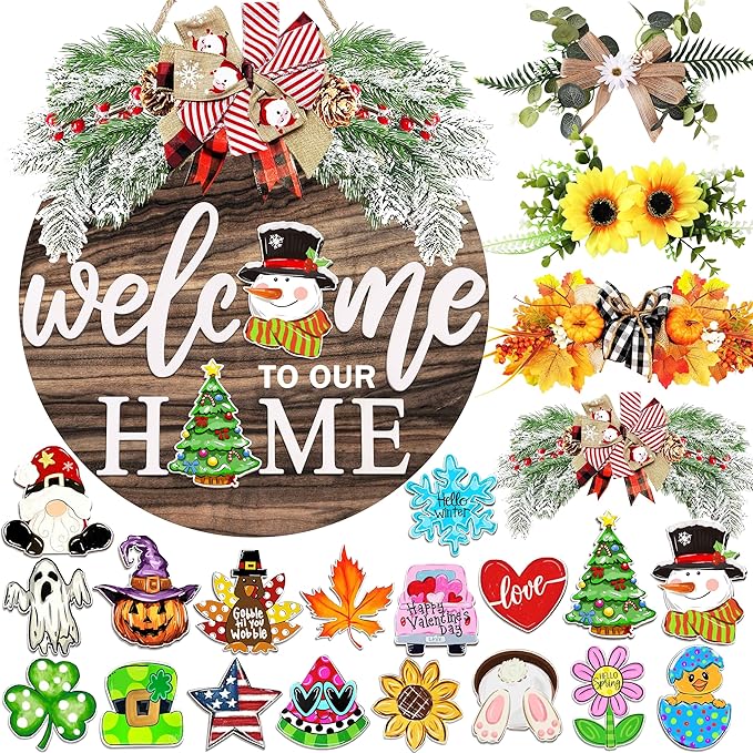 Interchangeable Welcome Sign with Seasonal Wreaths and Changeable Icons