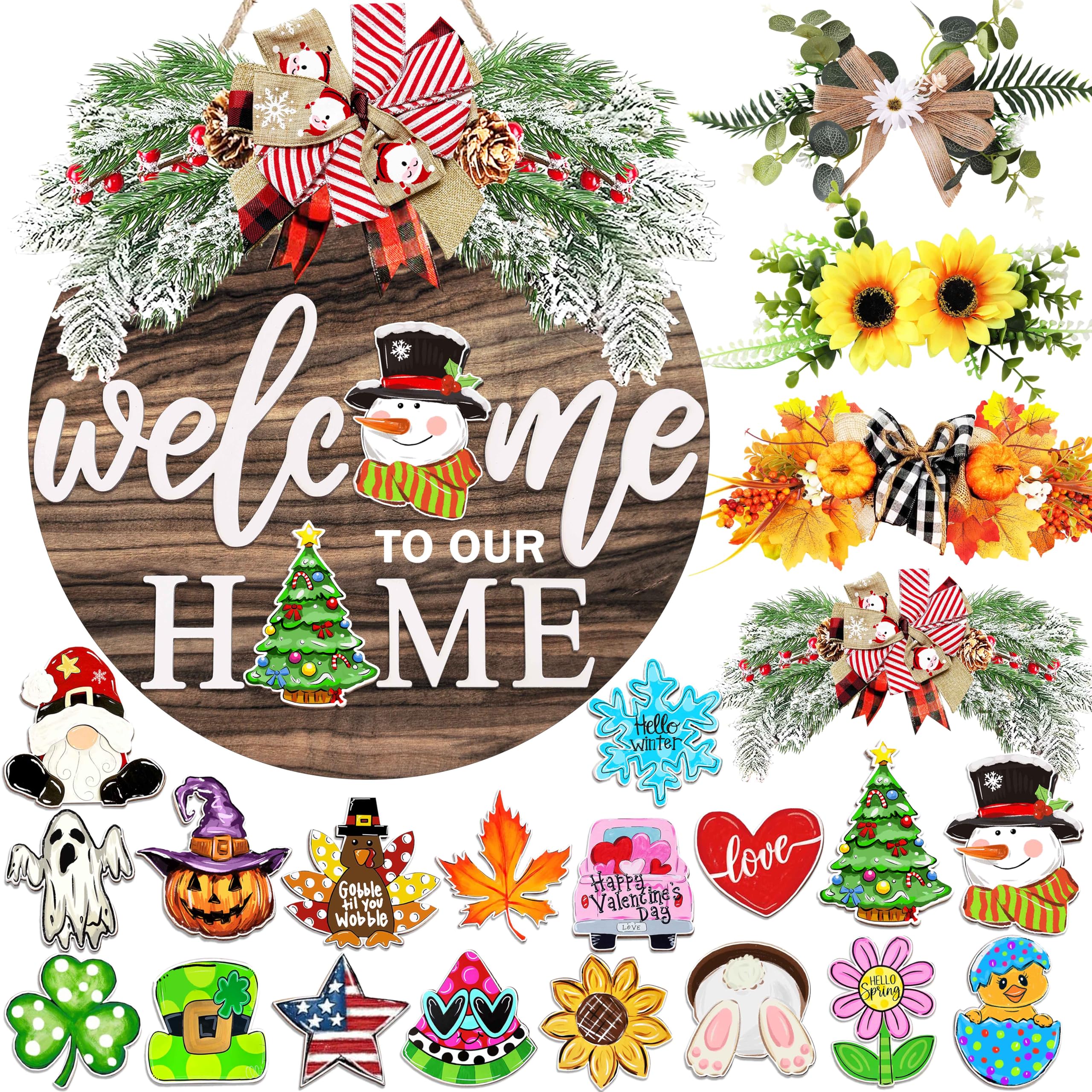 Interchangeable Welcome Sign for Front Door with 4 Seasonal Wreaths and 21 Changeable Icons, Farmhouse Rustic Outdoor Welcome Signs Porch, Holiday Spring Summer Winter Fall Decorations for Home Gifts