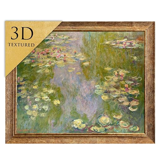 KutluArt 3D Textured Wall Art - Water Lilies by Claude Monet - Premium Impressionist Pond Replica, Vintage Gold Framed Masterpiece, Museum Quality Oil Painting Reproduction (14.2" x 11.8")
