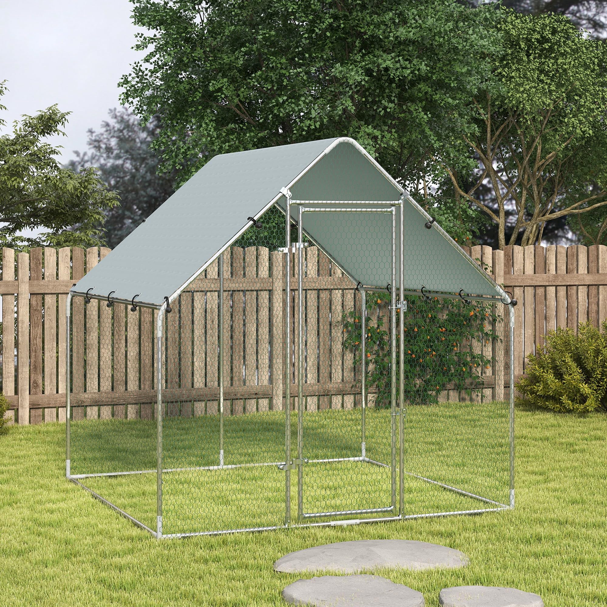 PawHut Pollaio per Galline da Esterno, 2x2x2m 4 m² Recinto Galline in Acciaio Zincato con Tetto Impermeabile Anti-UV e Serratura, Gabbia per 4-6 Polli, Piccoli Animali, Conigli e Anatre