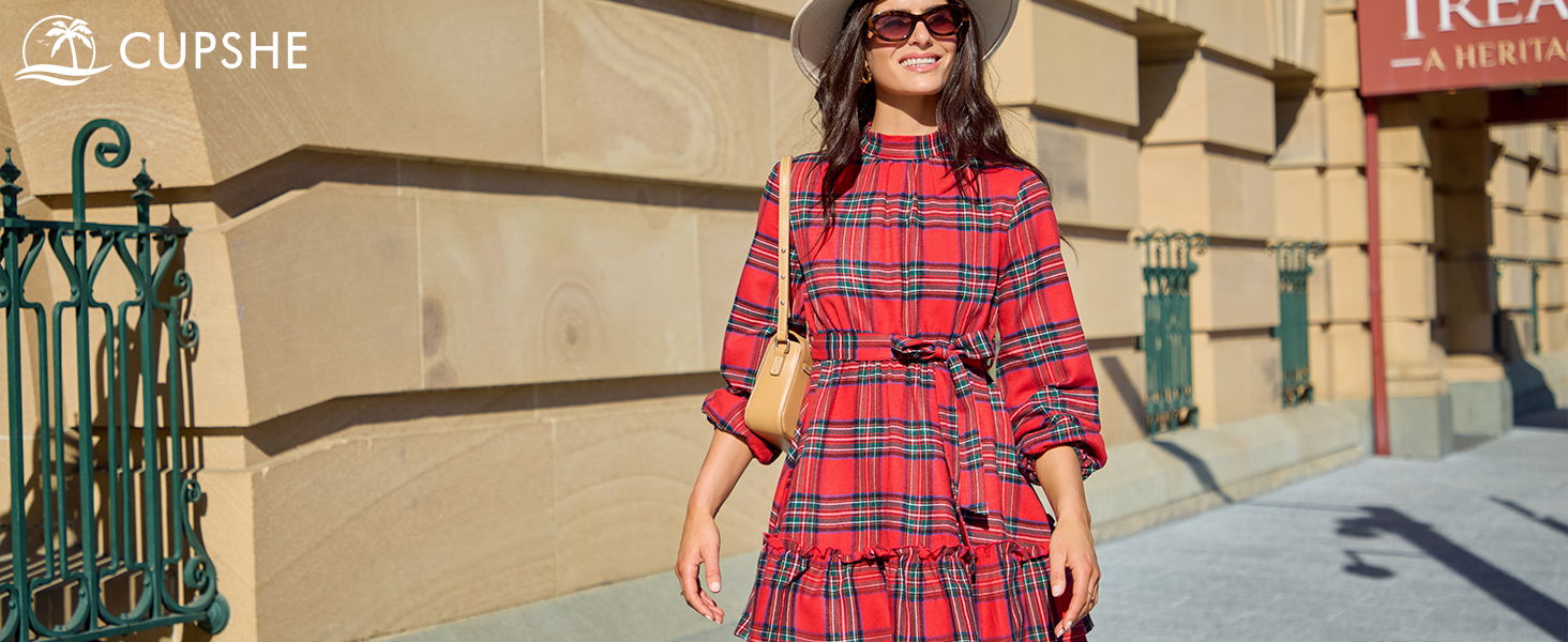 CUPSHE Ruffle Mini Fall Dress for Women Plaid Stand Collar Long Sleeve Back  Tie Cutout Waist Lace Up Belted Dresses Green, XS at Amazon Women's Clothing  store