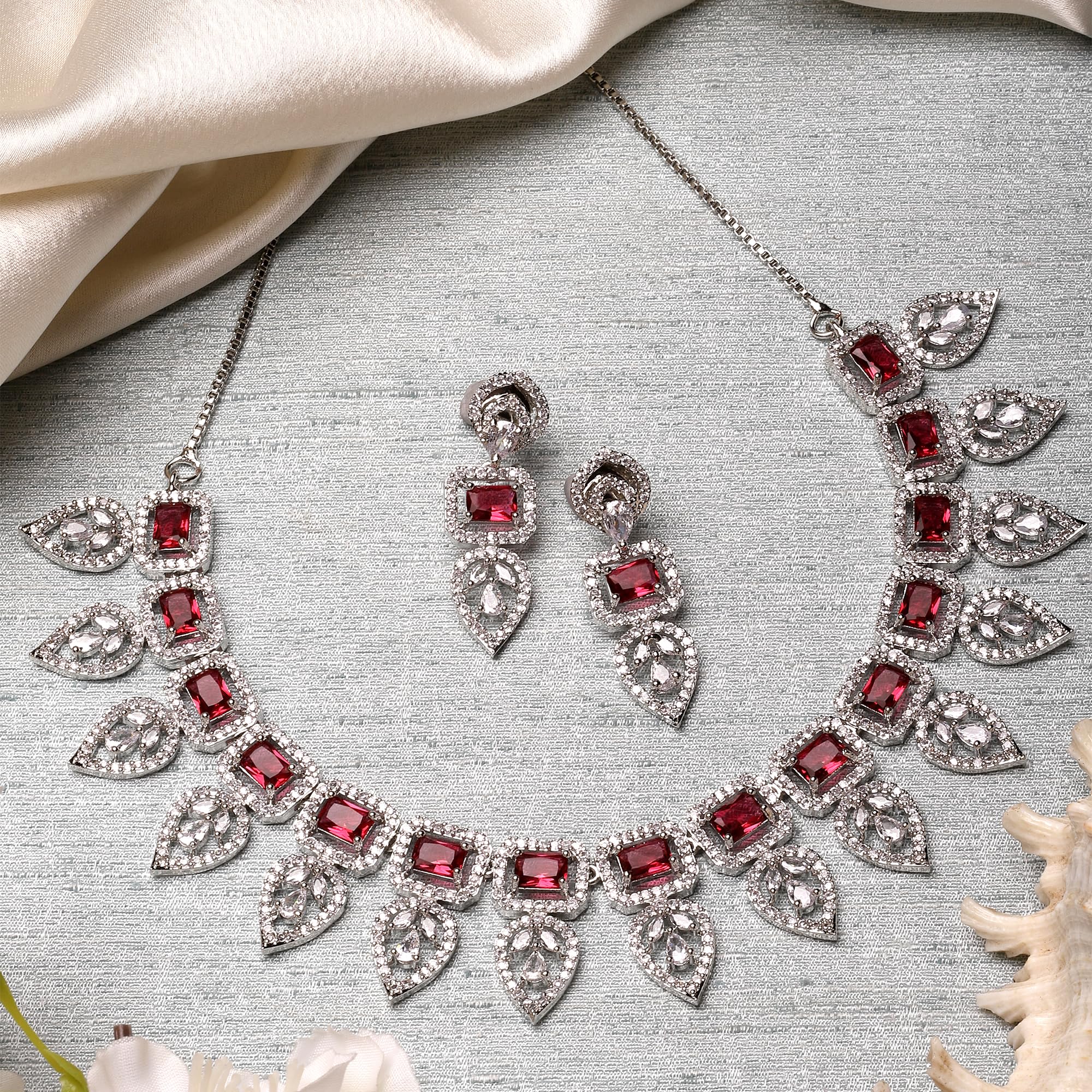 Leaf Style AD Rectangle Studded Necklace Set