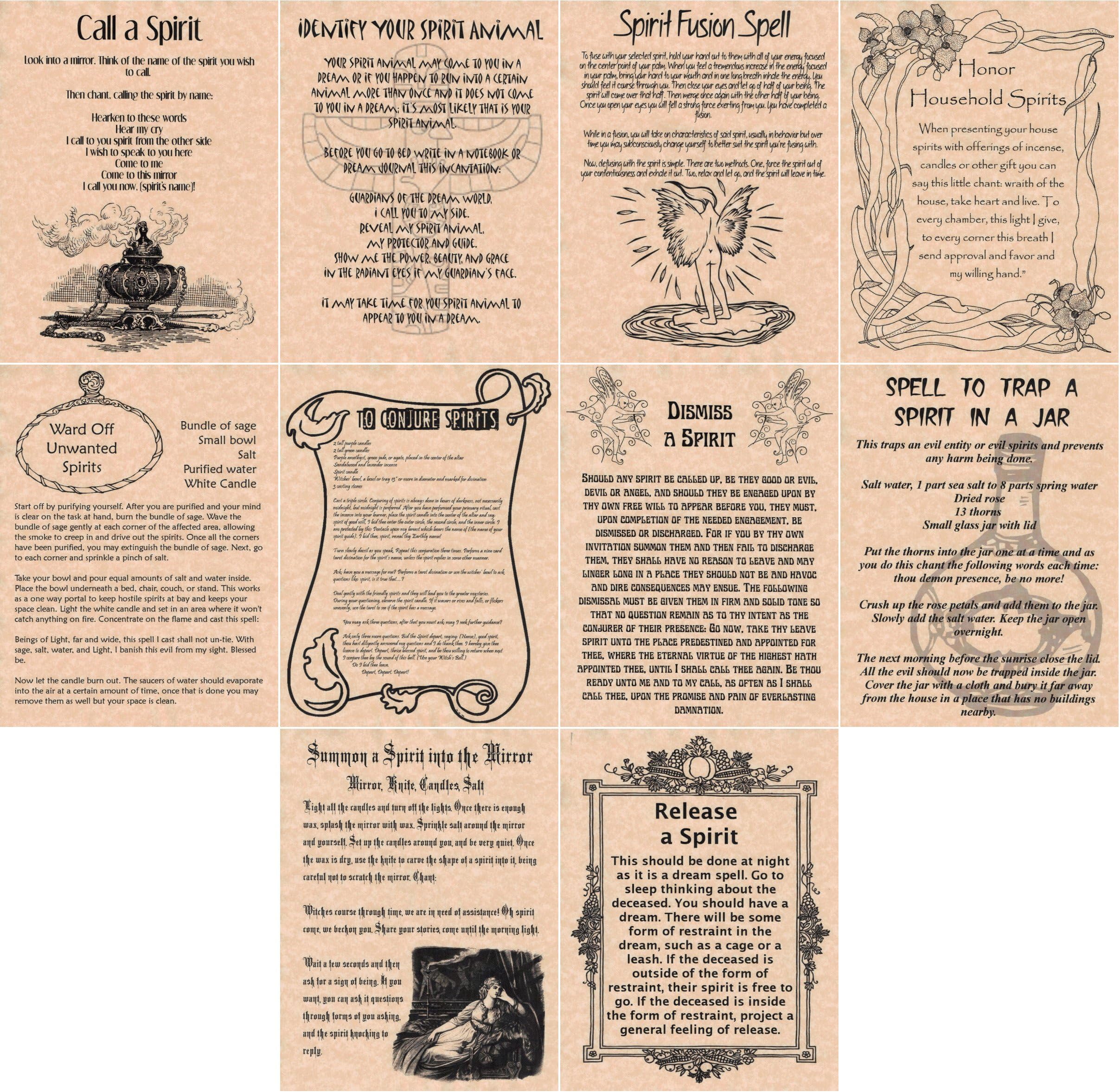 The Grimoire Book of Shadows Spell Pages, Set of 10 Spirit Spells, Wicca, Witchcraft, Spirit Working, Real Spells (Copper)