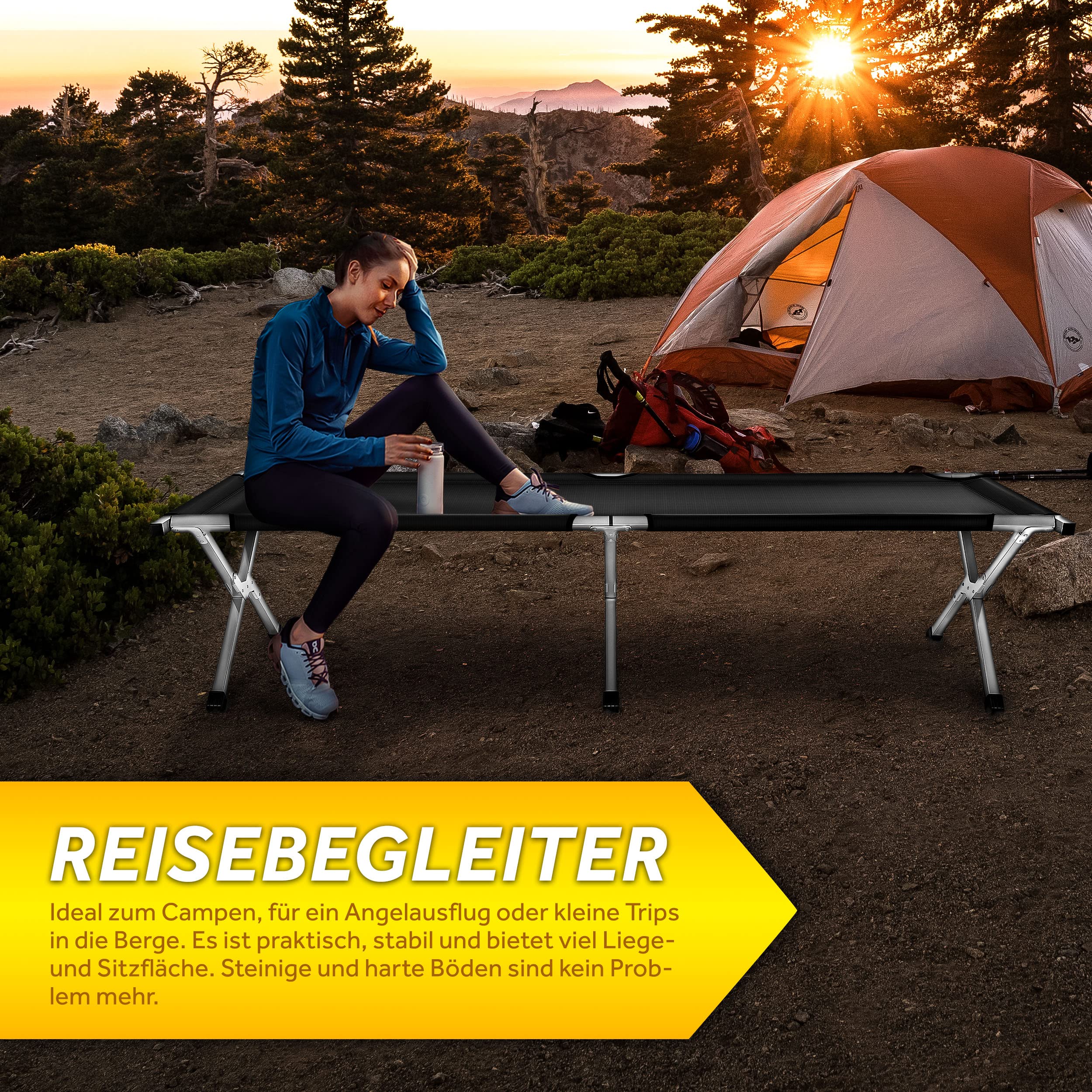 TRESKO XXL Campingbett Feldbett 190 x 64 x 44 cm Metallrohr - Belastbarkeit bis 150kg
