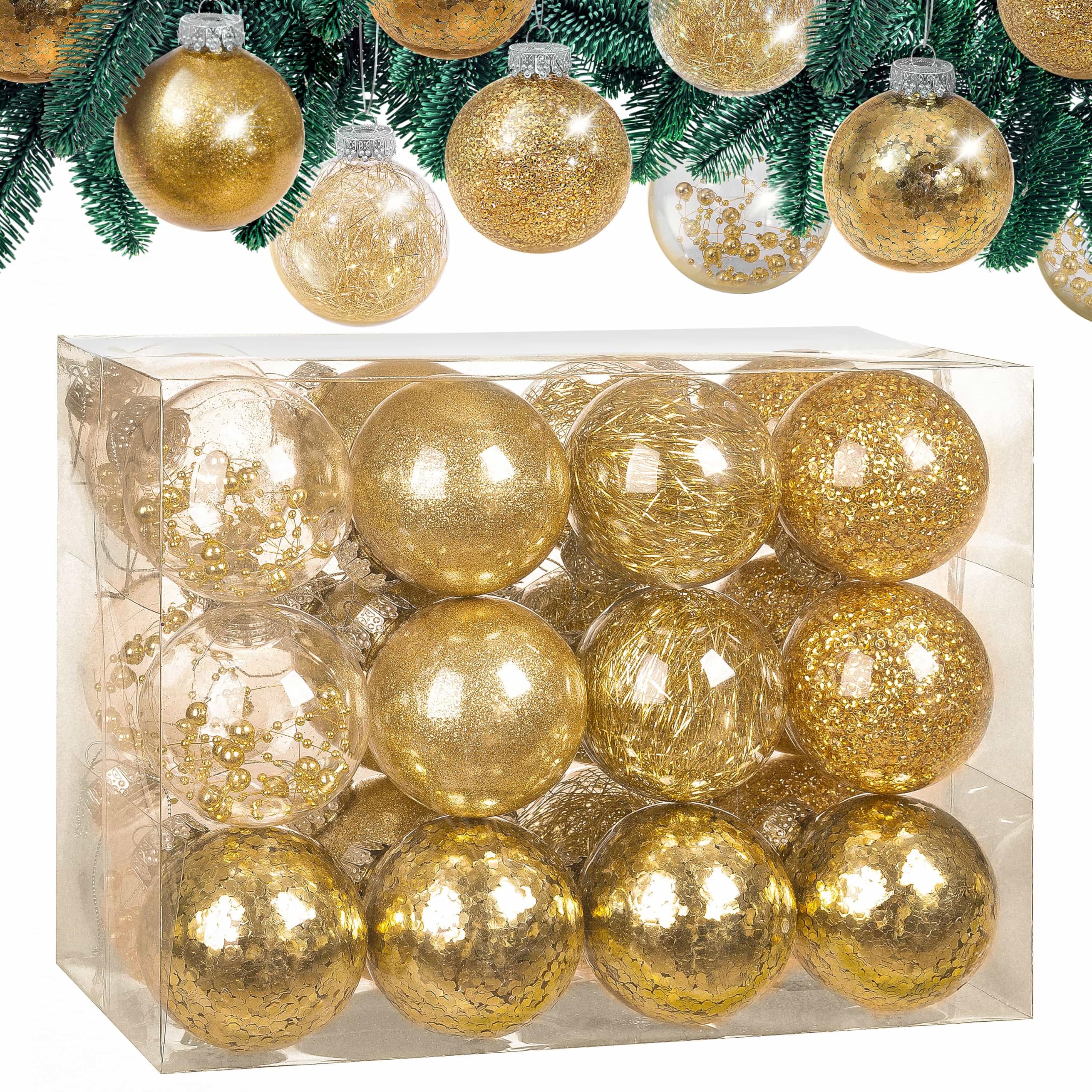 Casaria Gold Casaria® 24 Clear Fillable Baubles Balls With Decorations Filling Included | Customisable Bauble Set For Tree, Christmas Decorations, Halloween Decorations | Best Christmas Tree | Rose Pink Red