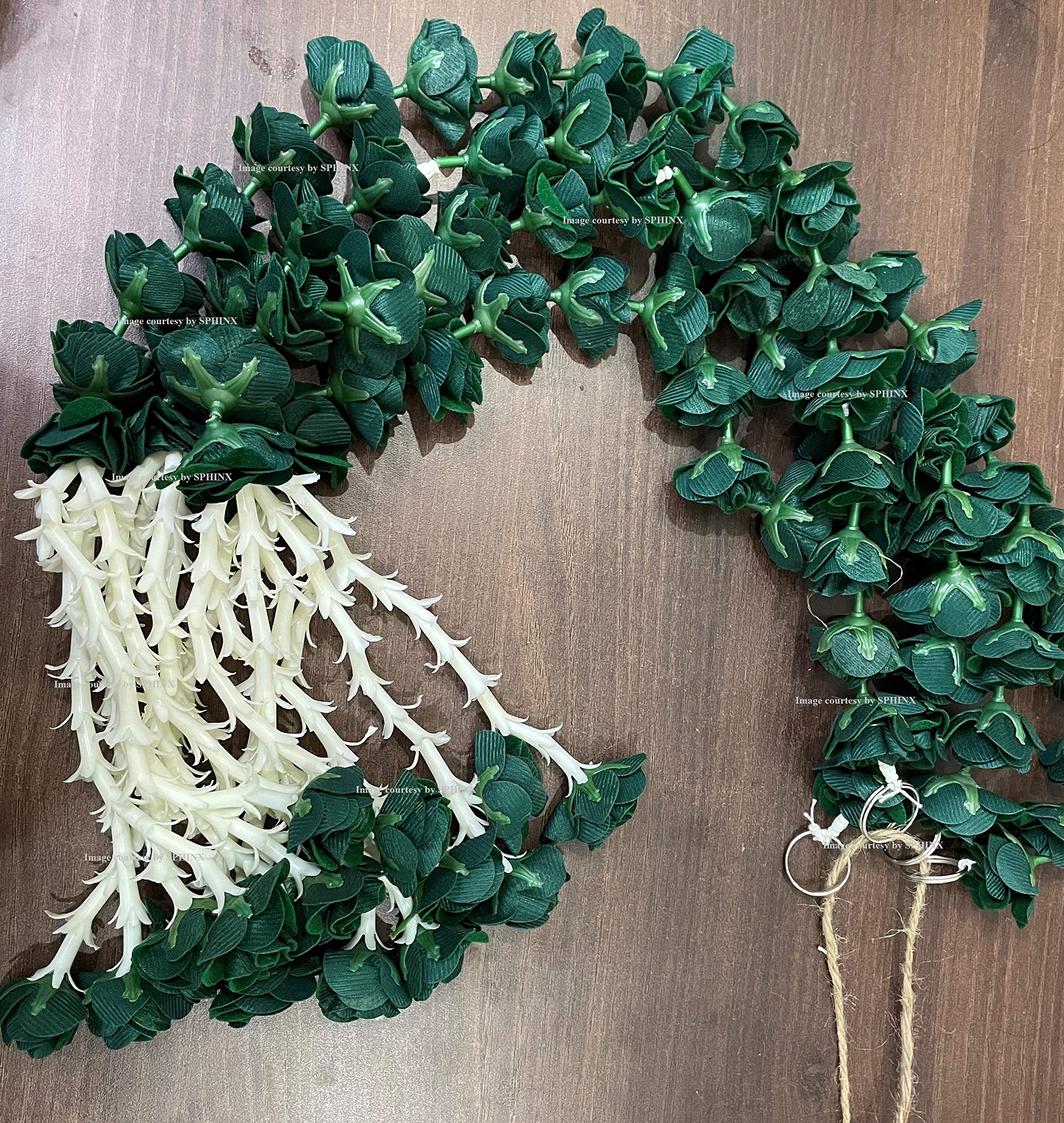 Sphinx artificial velvet roses garlands with clustered tuberose (rajnigandha) for festive pooja wedding housewarming decorations approx. 2.5 ft (Dark Green, 12)