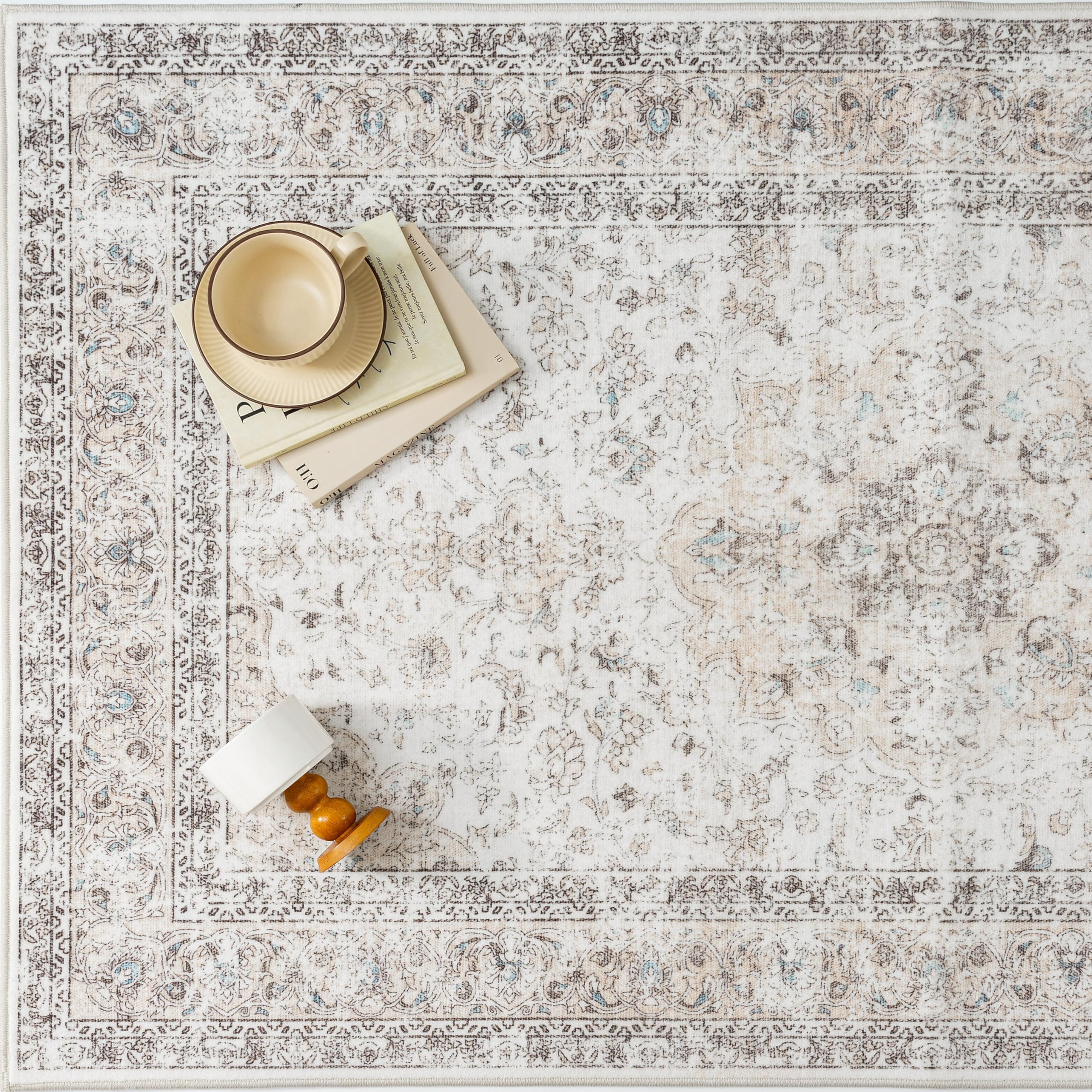 PureCozy Teppich Wohnzimmer 200x300cm Beige Waschbarer Vintage Cream Wohnzimmerteppich kurzflor rutschfest Weich Groß Retro Carpet für Schlafzimmer Esszimmer Bedroom Living Room Büro