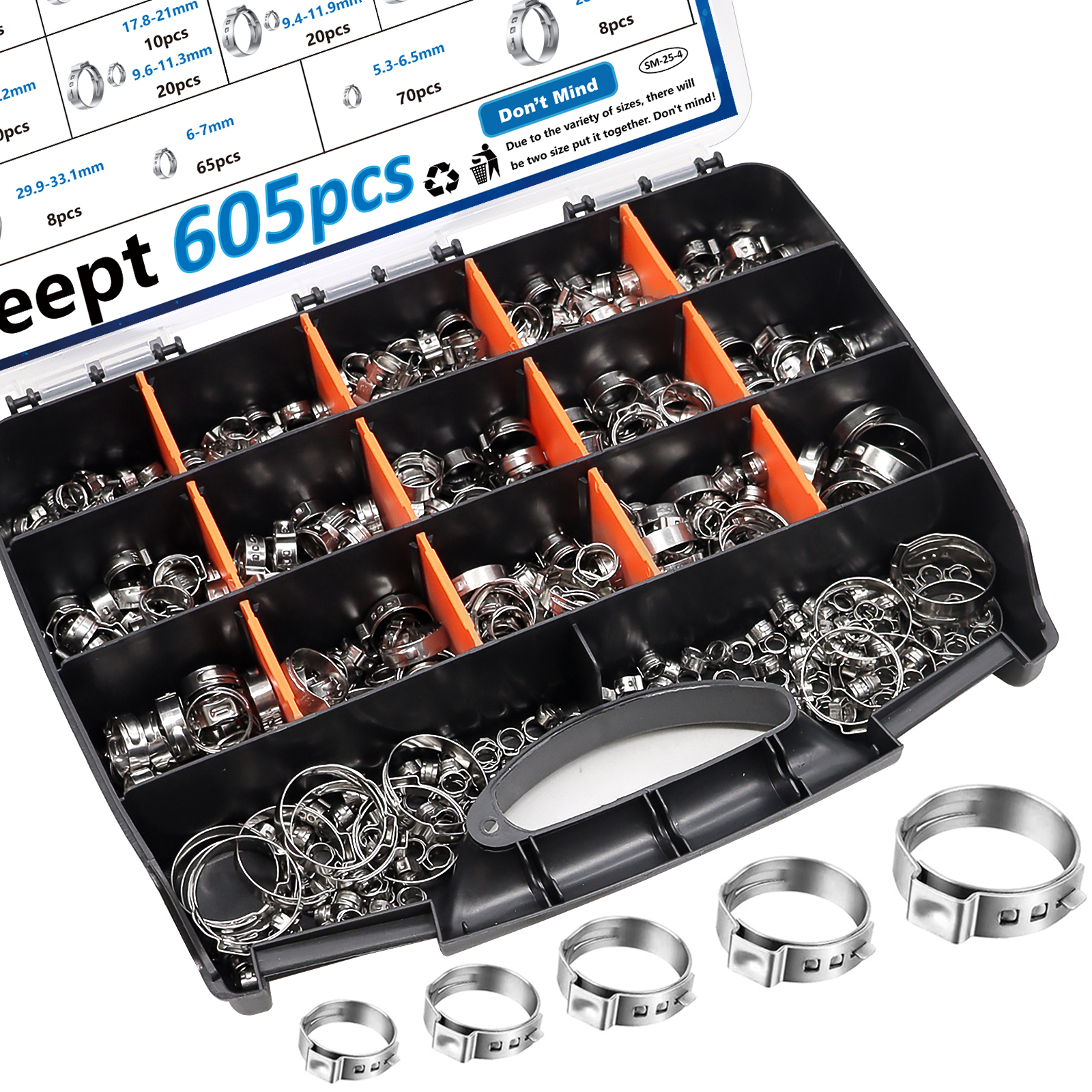 Image of 605Pcs 22 Sizes Single Ear Hose Clamps 5.3-33.1mm 304 Stainless Steel Crimp Hose Clamps Assortment Kit Perfect for Automotive /Home Appliance /Water Pipe and Fuel Line
