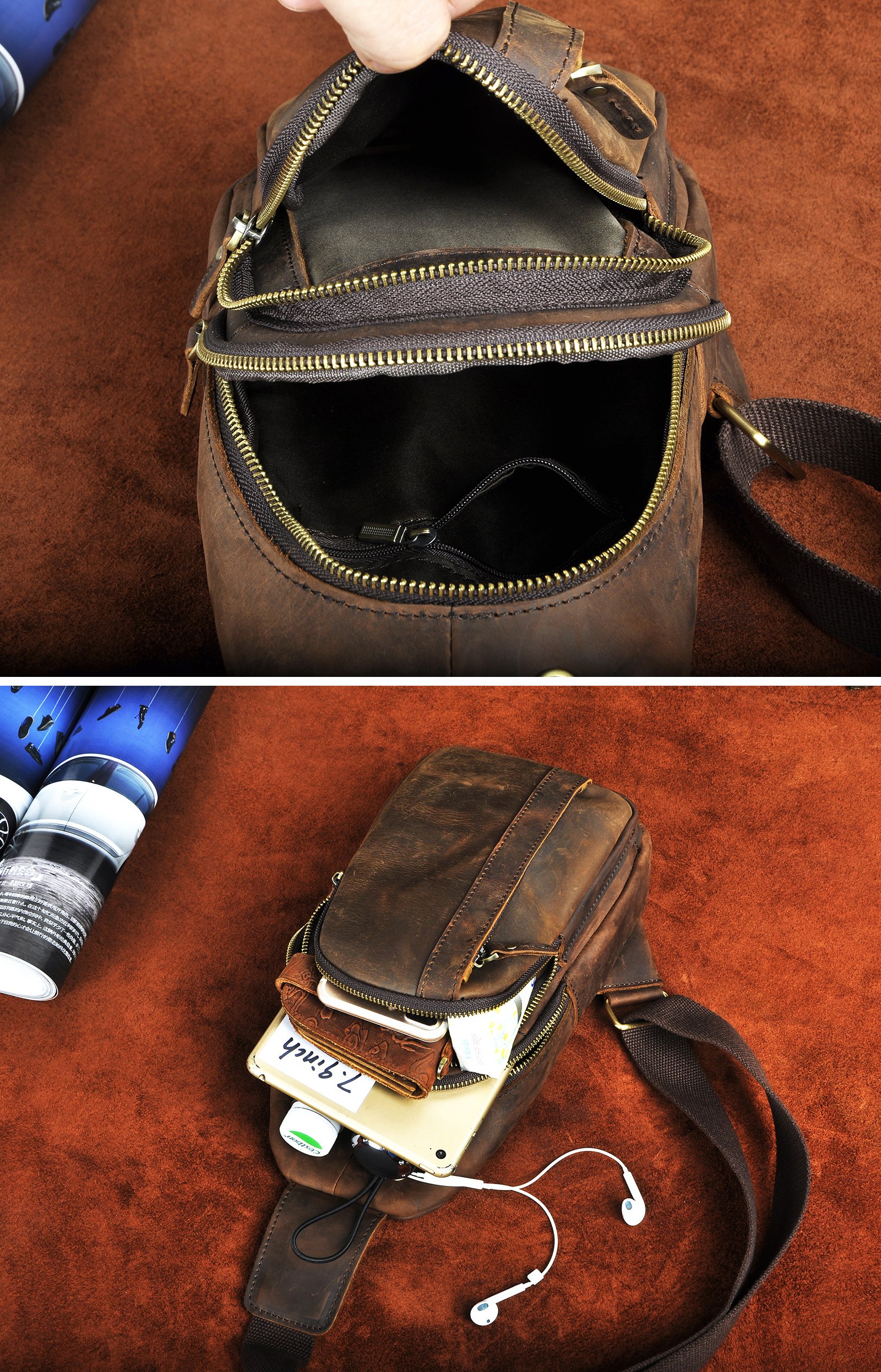 Le'aokuu Hombres Cuero Genuino vendimia Bolsos cruzados bolsa de tableta/paraguas/té bolsa mochila correa para el hombro cruz cuerpo y bolsa de mensajero y bolsa de pecho