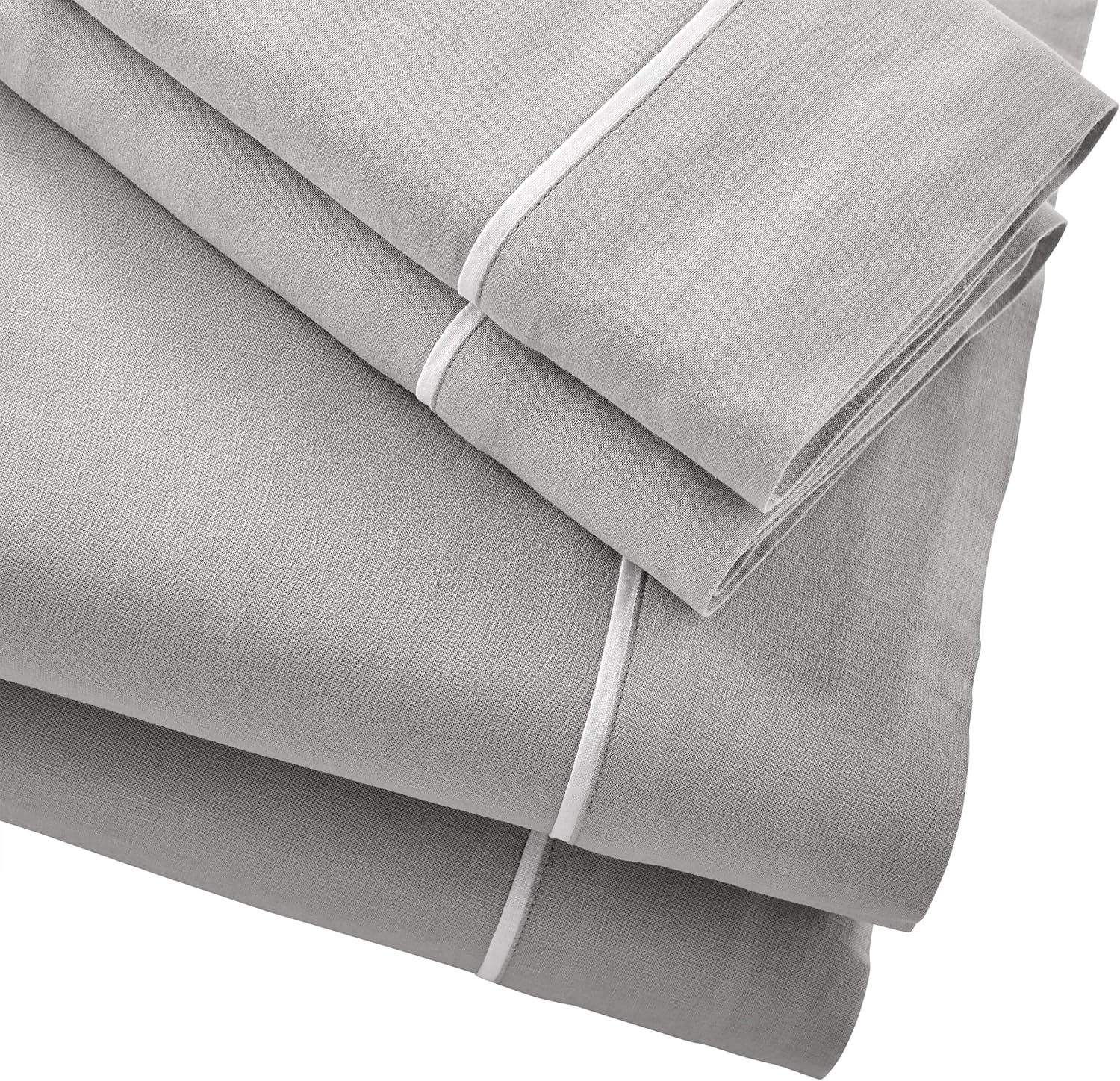 Amazon Brand – Rivet Contrast Hem Breathable Cotton Linen Bed Sheet Set, Full, Vapor / White