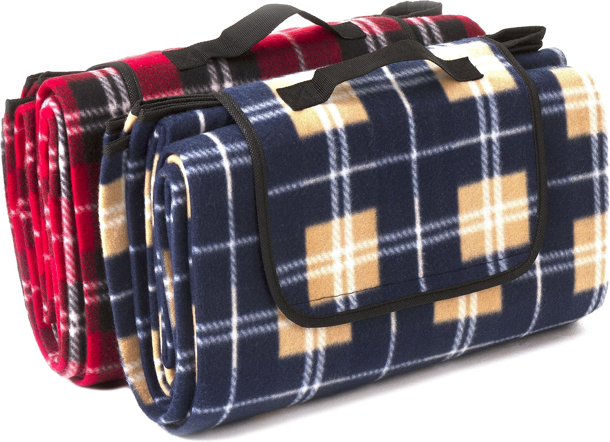 Signature Leisure Blue Check or Red Tartan or Blue/White Tartan Large 150x180cm Fleece Picnic Blanket with Waterproof Backing - Lightweight Compact Picnic Travel Rug - Baby Crawling or Child Play Mat (Blue)