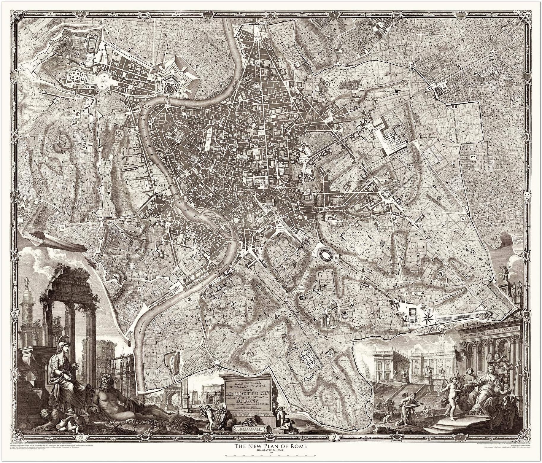 University of Oregon 1748 Nolli Map of Rome, Historical, Matte Finish, Greyscale, 45 x 52.6 inches