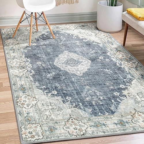 Mujoo - Alfombra bohemia azul gris de 3 x 5 pies, lavable a máquina, pequeña, antideslizante, para entrada, dormitorio, mesita de noche, cocina,