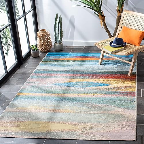 SAFAVIEH Barbados Collection - Alfombra de área de 8 x 10 pies 5 pulgadas, color azul claro y rosa, diseño abstracto de puesta de sol, no desprende