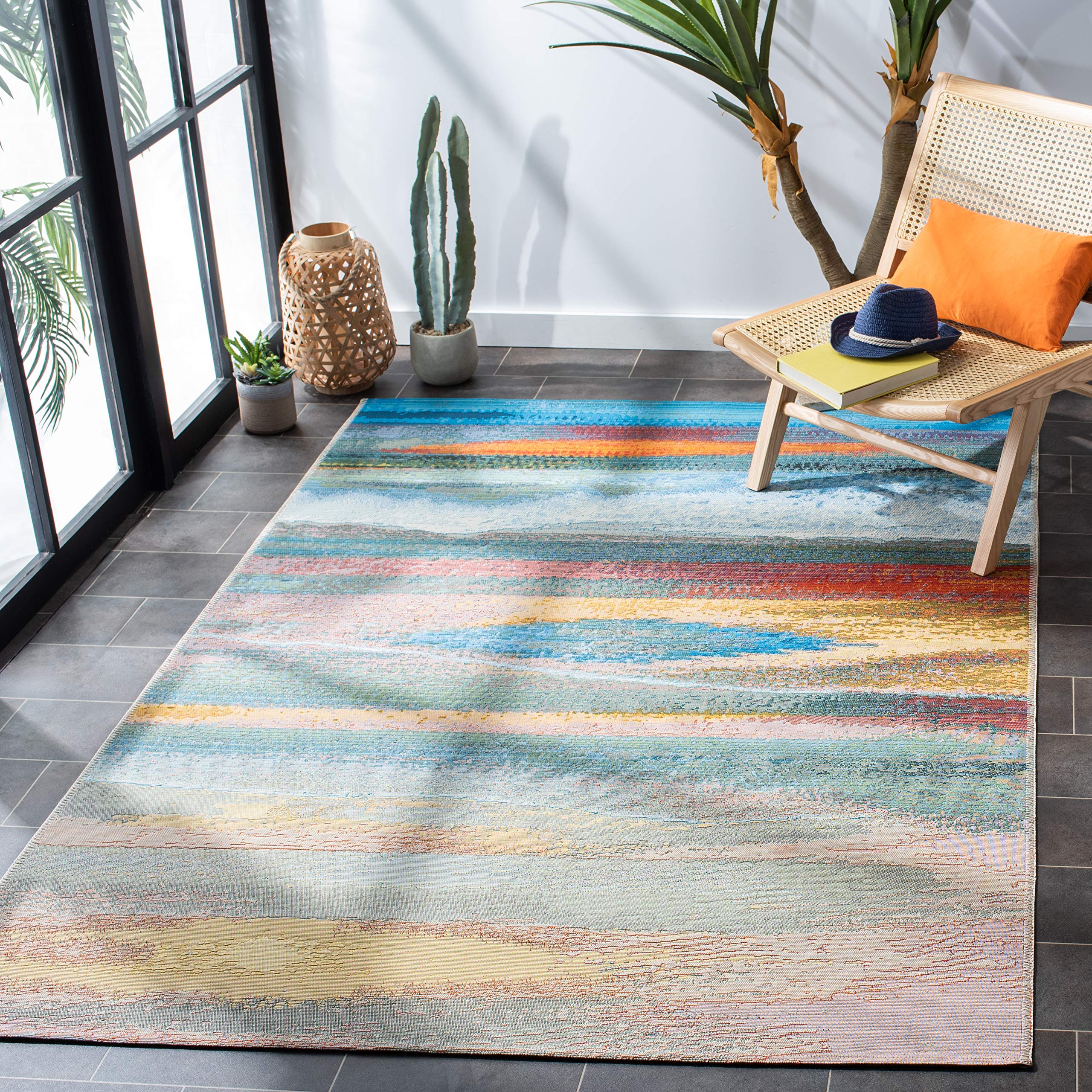 SAFAVIEH Washable Rug Outdoor Barbados Collection - 8' x 10'5", Light Blue & Pink, Non-Shedding & Easy to Clean, Ideal for Patio, Backyard, Mudroom (
