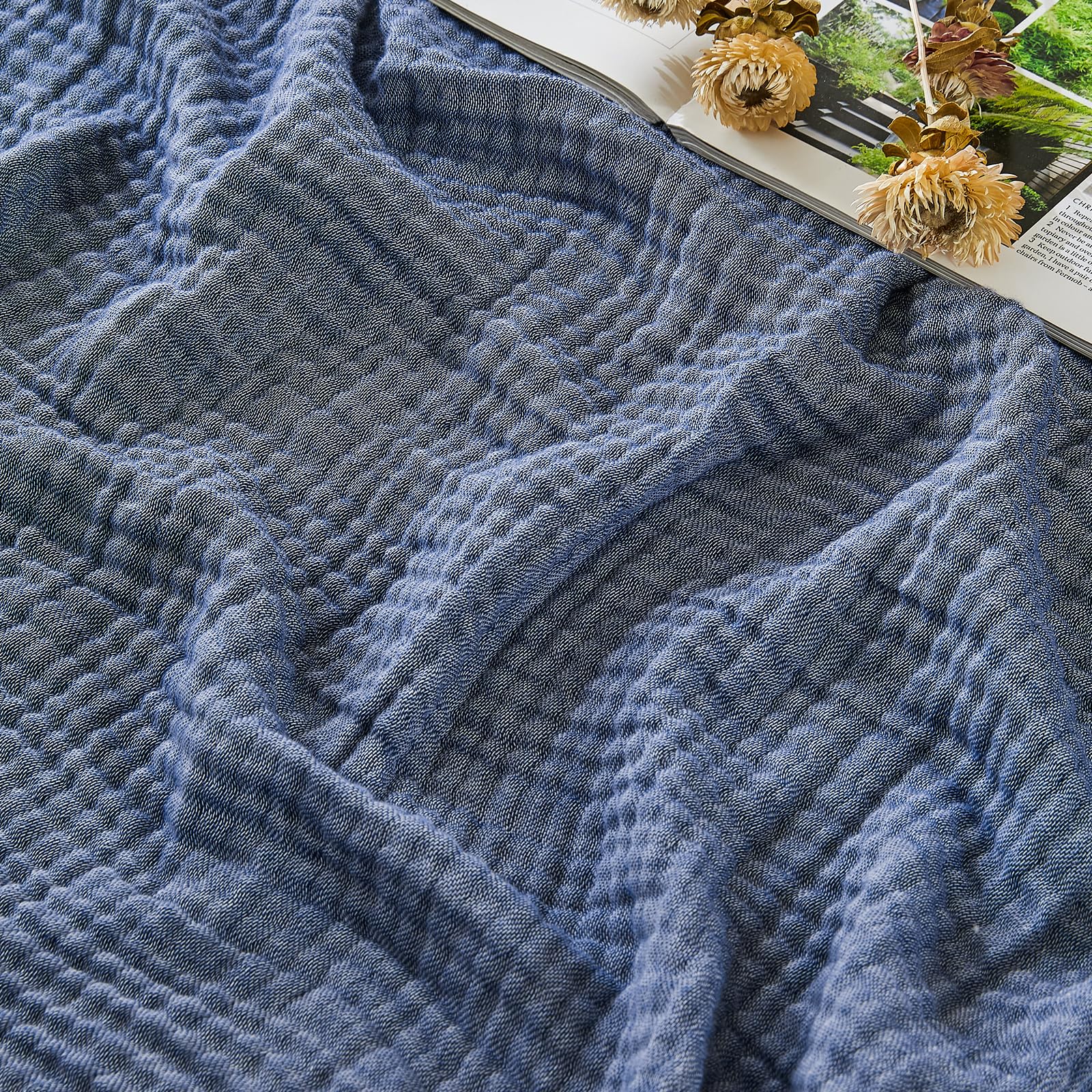 EMME Cotton Muslin King Blanket Bed Layering Bedspread Coverlet Breathable Gauze Soft Lightweight (Heather Navy, 274 x 228cm)