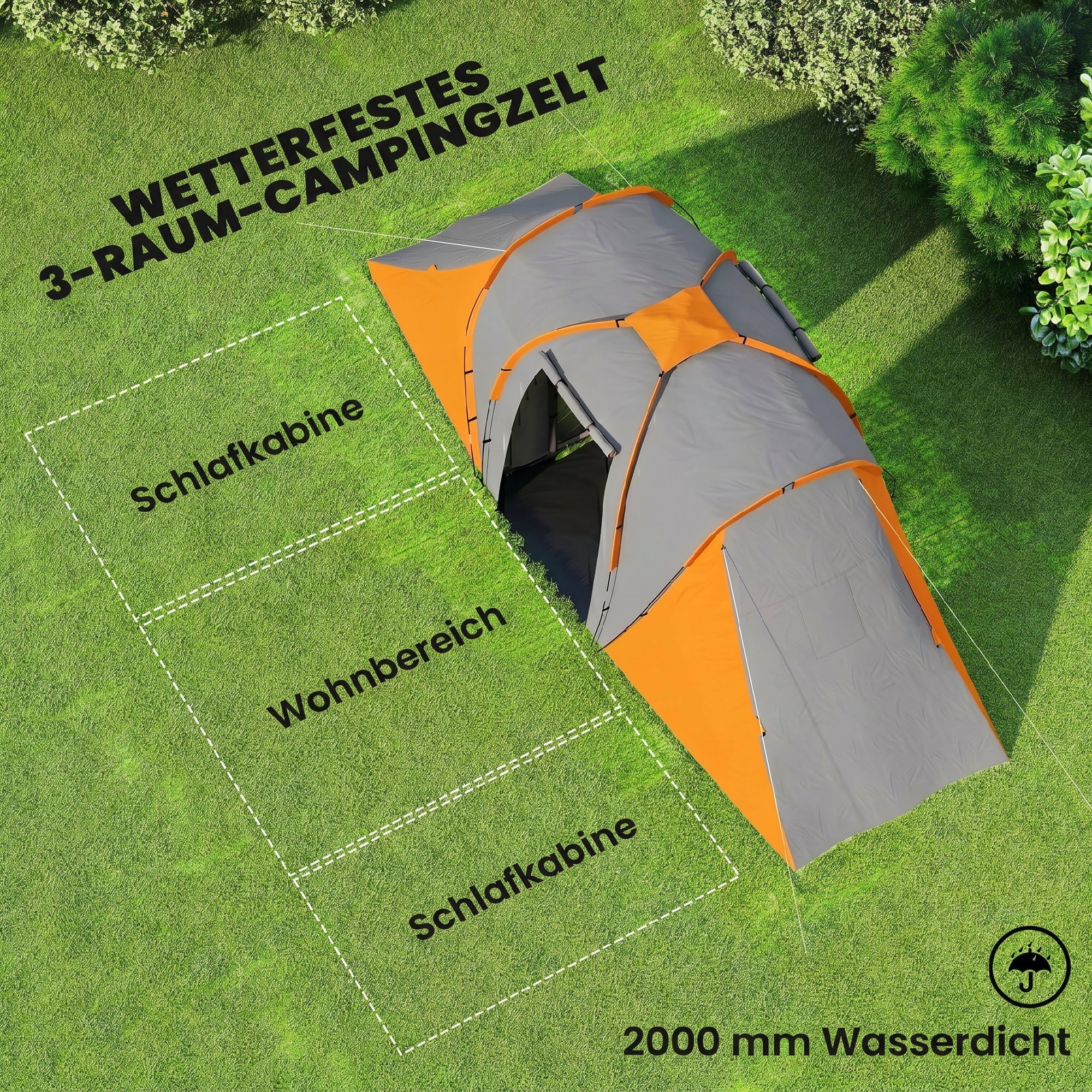 Outsunny Tente tunnel, tente de camping pour 4 à 6 personnes, avec 2 chambres, salon, tente familiale avec sac de transport, 2000 mm, imperméable, pour jardin, camping