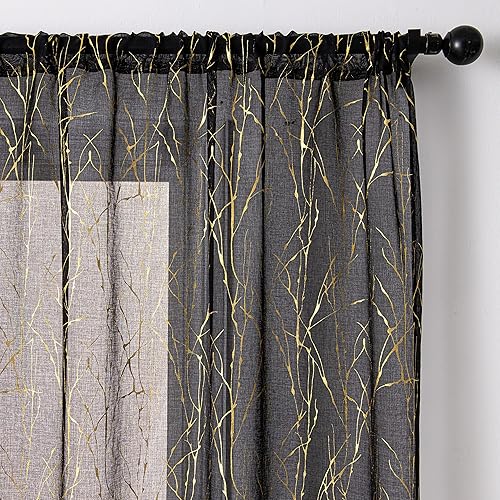 Miniatura 9 de Sutuo Home Juego de 2 paneles de cortinas traslúcidas blancas de 63 pulgadas de largo, rama bronceadora metálica con estampado de lámina dorada,