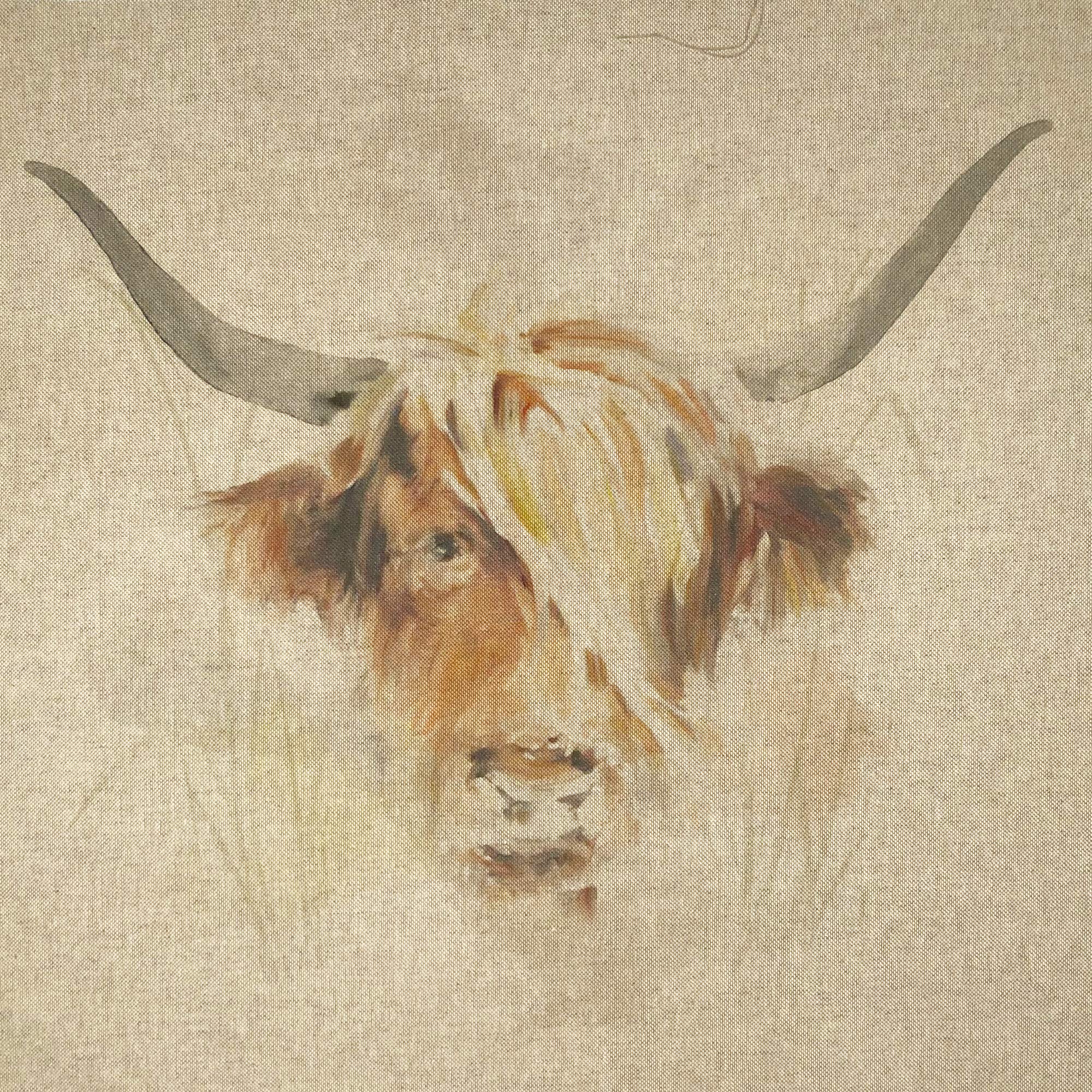 Discover Lifestyle & Fashion Fabrics Beige Highland Cow Watercolour Woodlands Digital Print Design Cotton Rich Linen Look Fabric For Bunting Blinds Craft Quilting Patchwork & Upholstery | Sold Per Panel