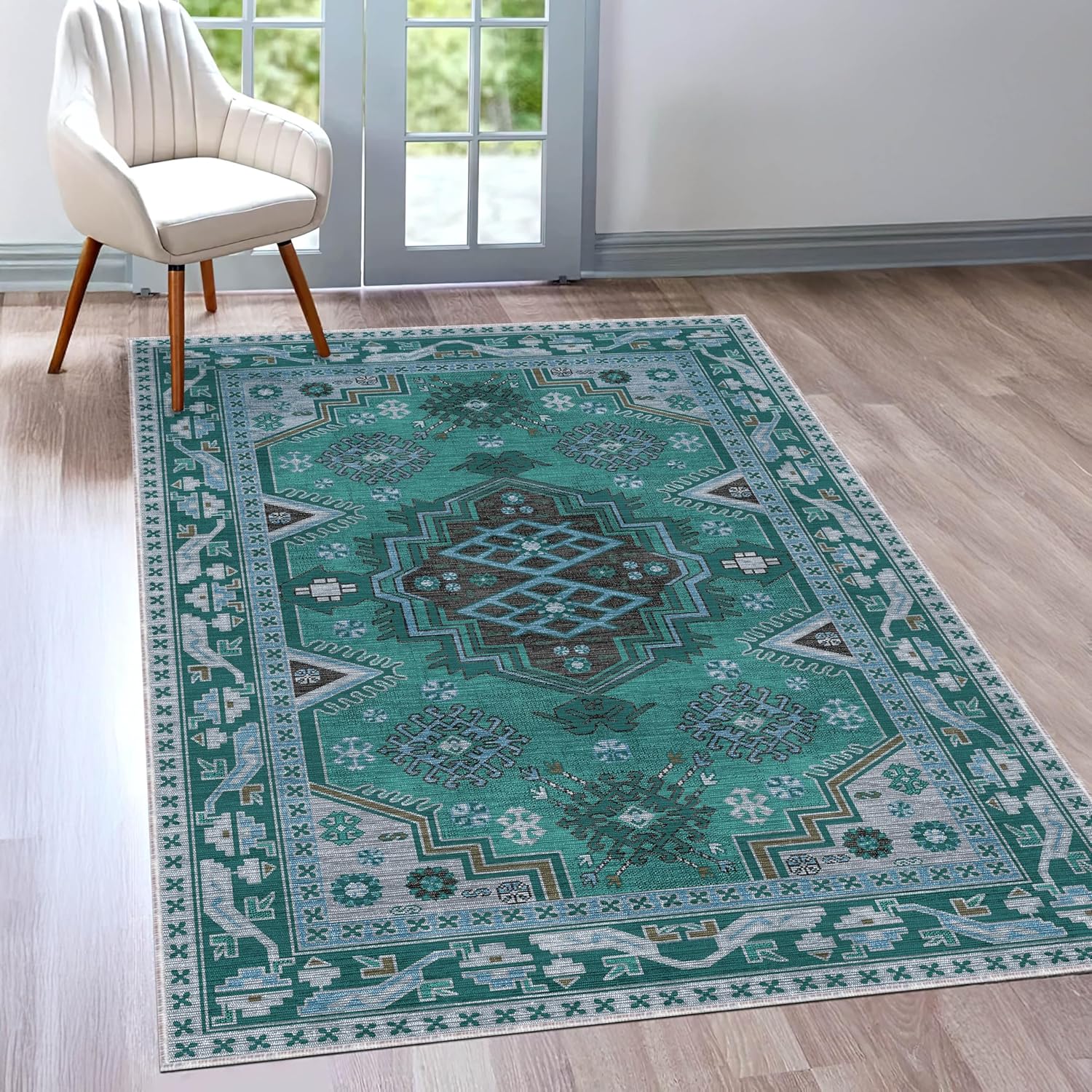 Green Ethnic Geometric Rug Boho Tribal Vintage Kilim Carpet Traditional Patterned Mat for Living Room Bedroom Dining Room Office Home Decor Flat Surface 6x9 ft