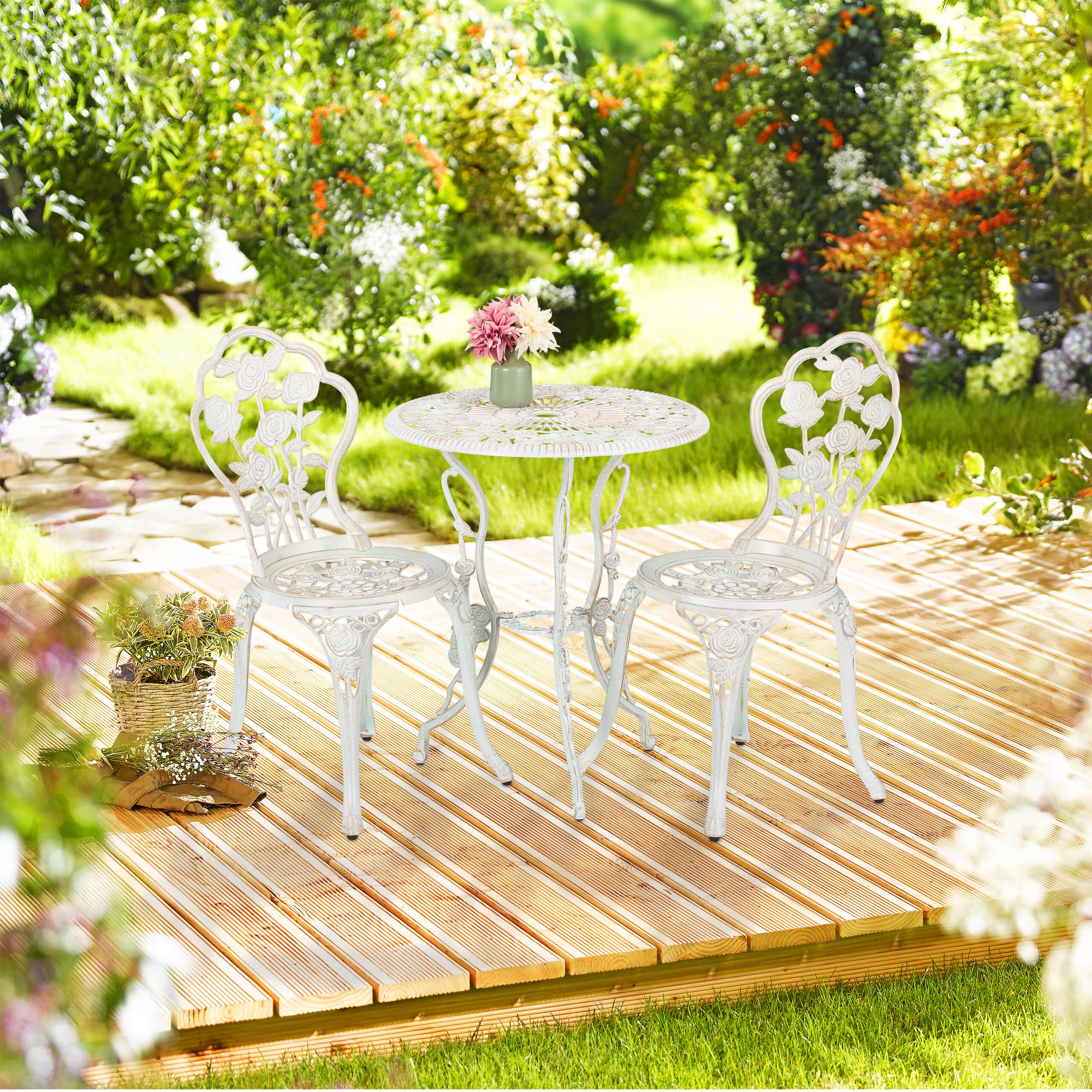 Relaxdays Set da Bistrot da 3, Tavolino da Giardino, 2 Sedie, Balcone, Stile Ferro Battuto, in Alluminio, Bianco Bronzo