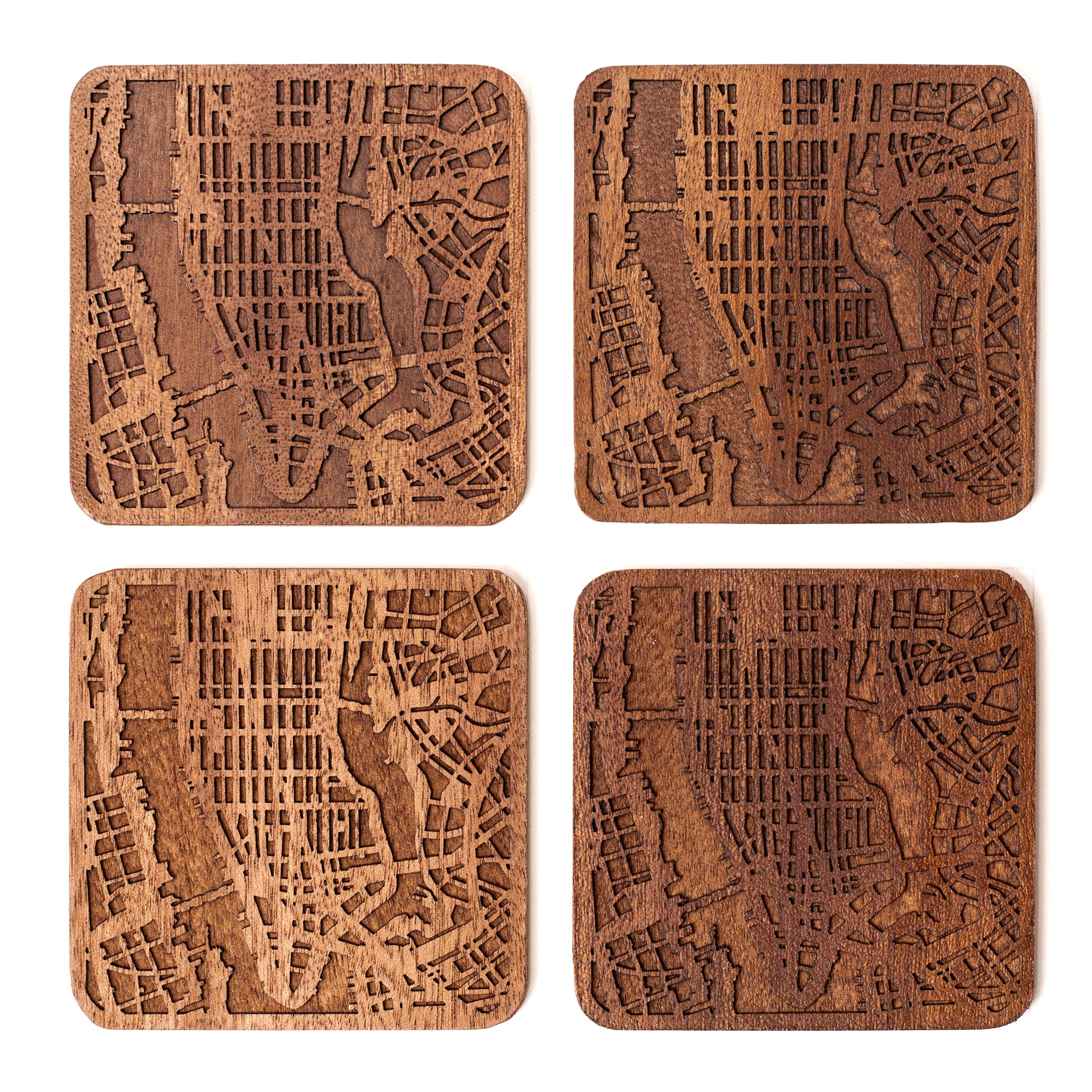 O3 Design Studio Brown Manhattan, Ny Map Coaster, Set Of 4, Sapele Wooden Coaster With City Map, Handmade
