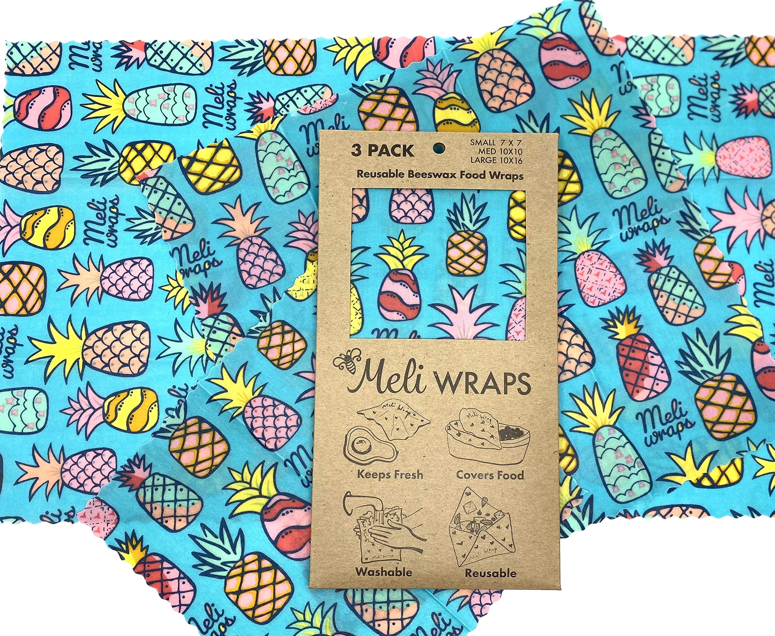 Meli Wraps Beeswax Wraps - Reusable Food Wrap Alternative to Plastic Wrap. Certified Organic Cotton, Made with Hawaiian Beeswax. 3-Pack includes sizes (SML) in Beautiful Original Prints
