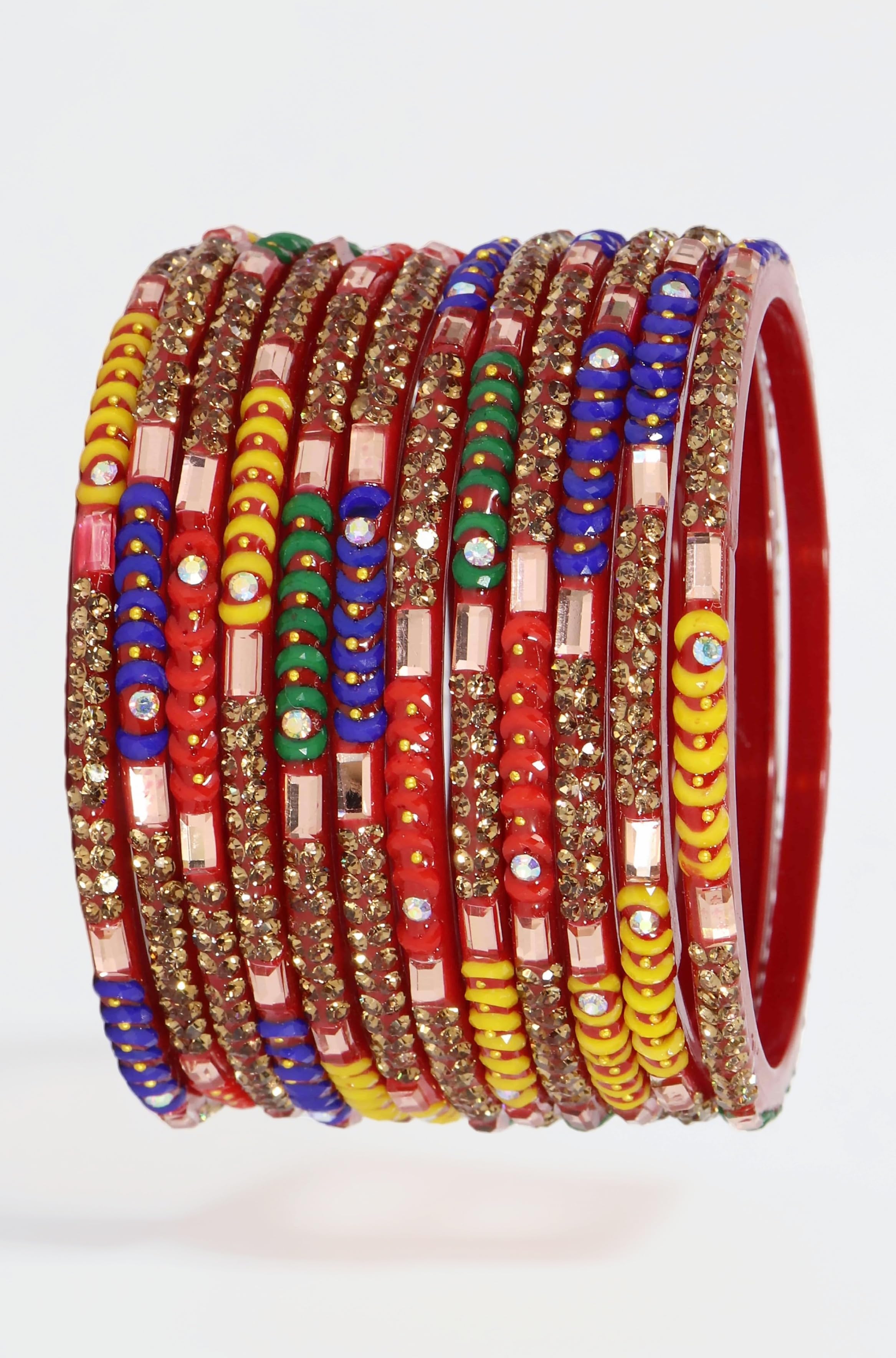 Premium Glass Bangles Set with Golden Diamond Stone, Beads & Mirror For Women & Girls | Designer Fancy Chudi Set | Traditional Women's Glass Bangles | Fashion Jewellery- Set of 12